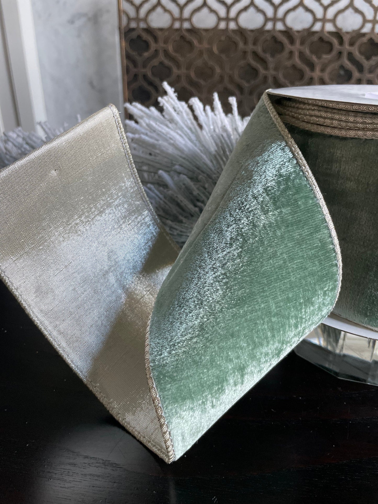 4” x 10 yds. Aqua viscose velvet metallic back ribbon. Wired. Regency.