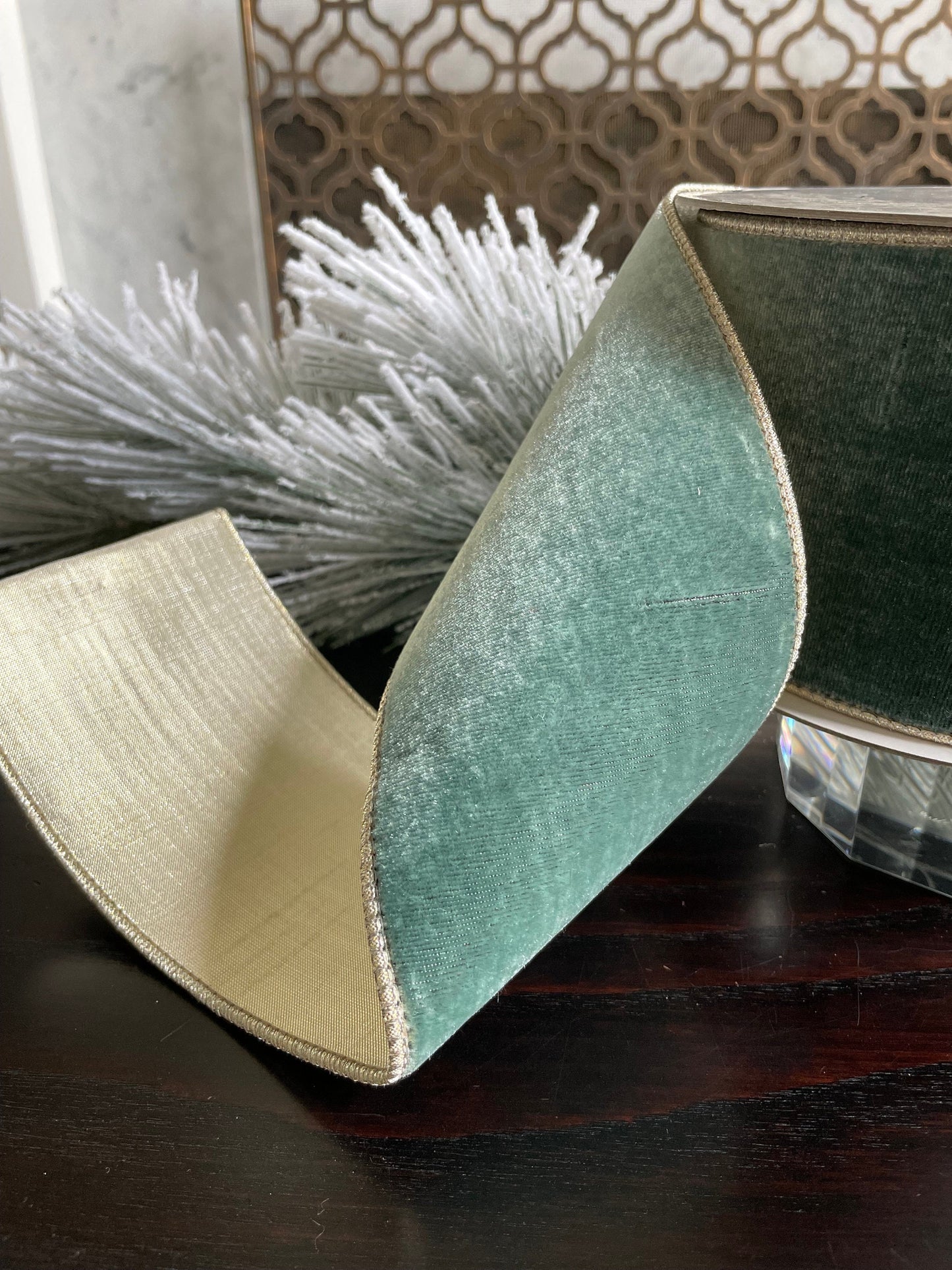 4” x 10 yds. Designer flashy velvet celadon ribbon. Wired. Farrisilk.