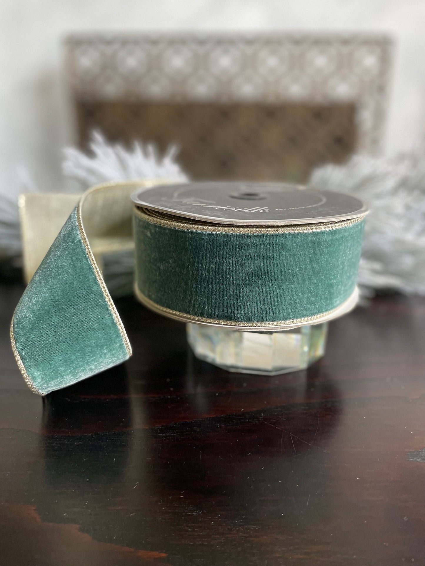 2.5” x 10 yds. Designer flashy velvet celadon ribbon. Wired. Farrisilk.