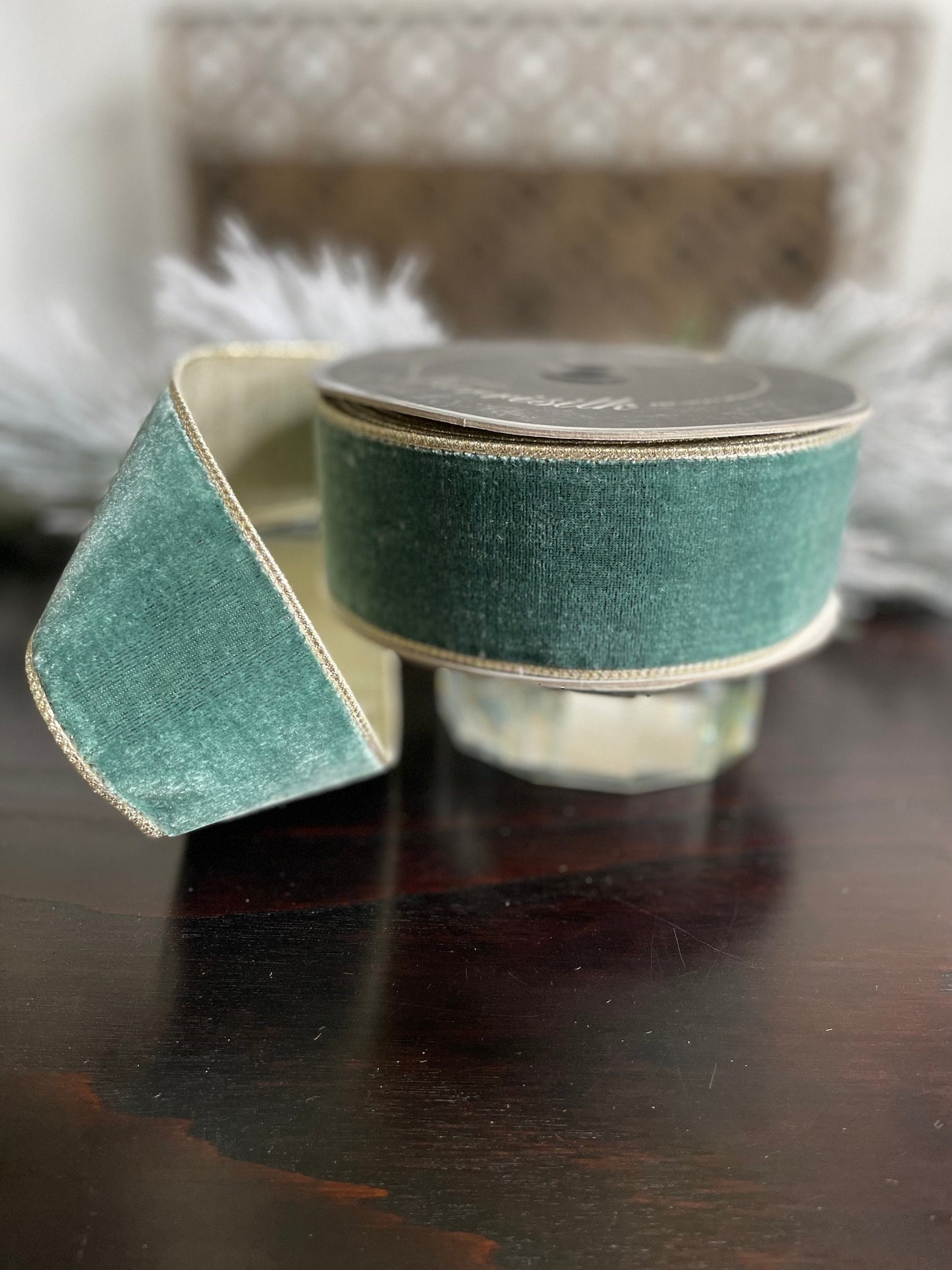 2.5” x 10 yds. Designer flashy velvet celadon ribbon. Wired. Farrisilk.