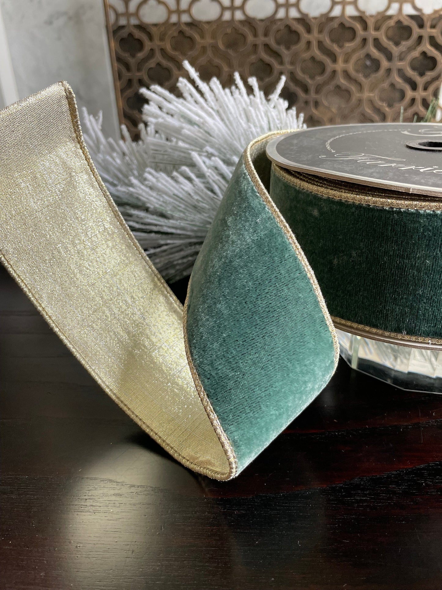 2.5” x 10 yds. Designer flashy velvet celadon ribbon. Wired. Farrisilk.