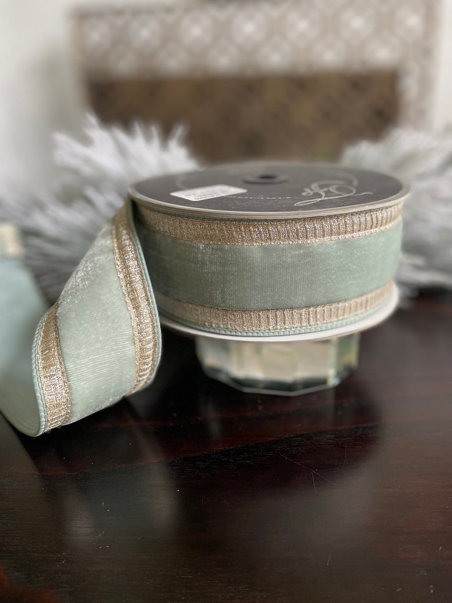 2.5” x 10 yds. Designer pleated borders velvet light blue- platinum ribbon. Wired. Farrisilk.