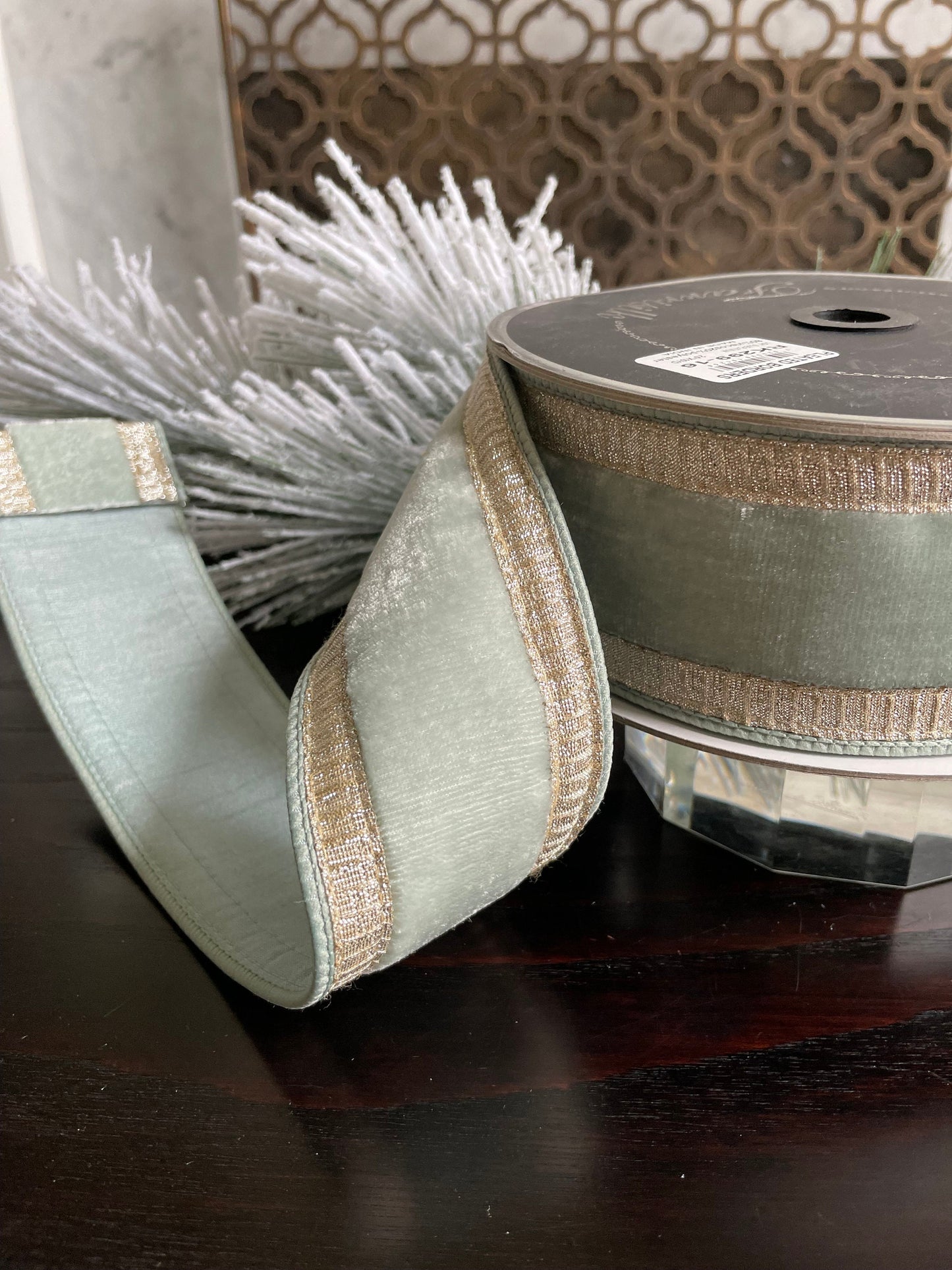2.5” x 10 yds. Designer pleated borders velvet light blue- platinum ribbon. Wired. Farrisilk.