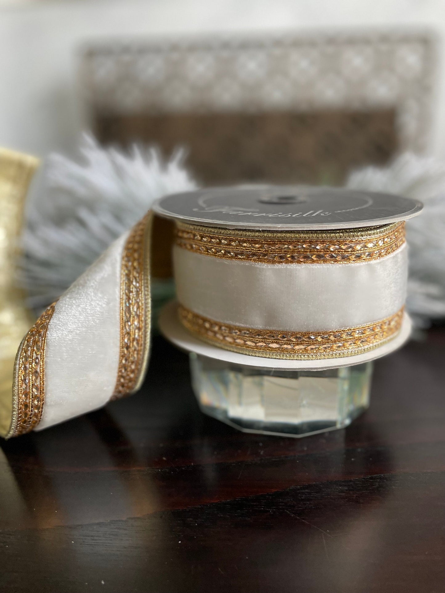 2.5” x 5 yds. Designer Queen Victoria velvet ivory ribbon with gold jewel trim. Wired. Farrisilk . Gorgeous!*