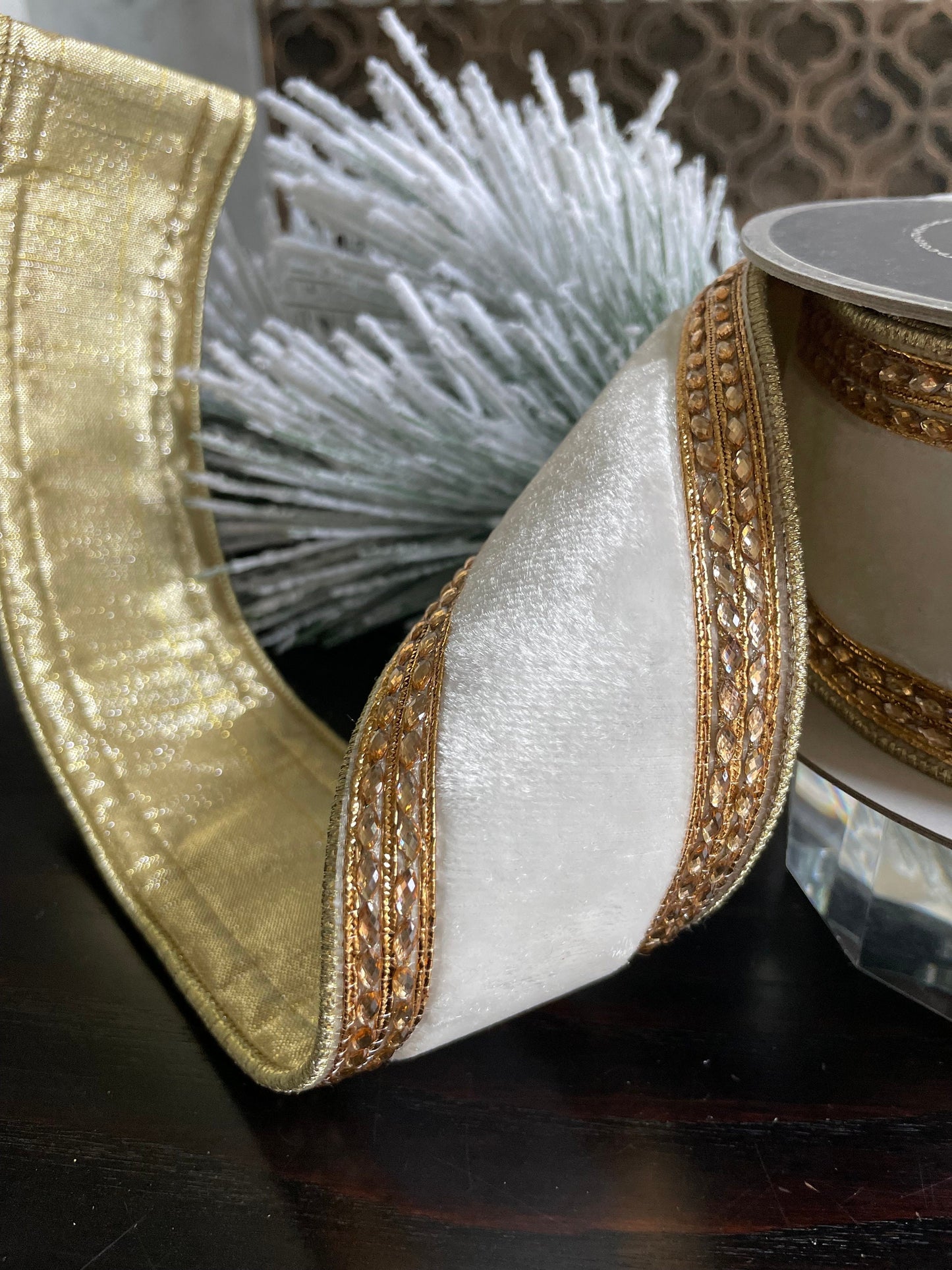 2.5” x 5 yds. Designer Queen Victoria velvet ivory ribbon with gold jewel trim. Wired. Farrisilk . Gorgeous!*