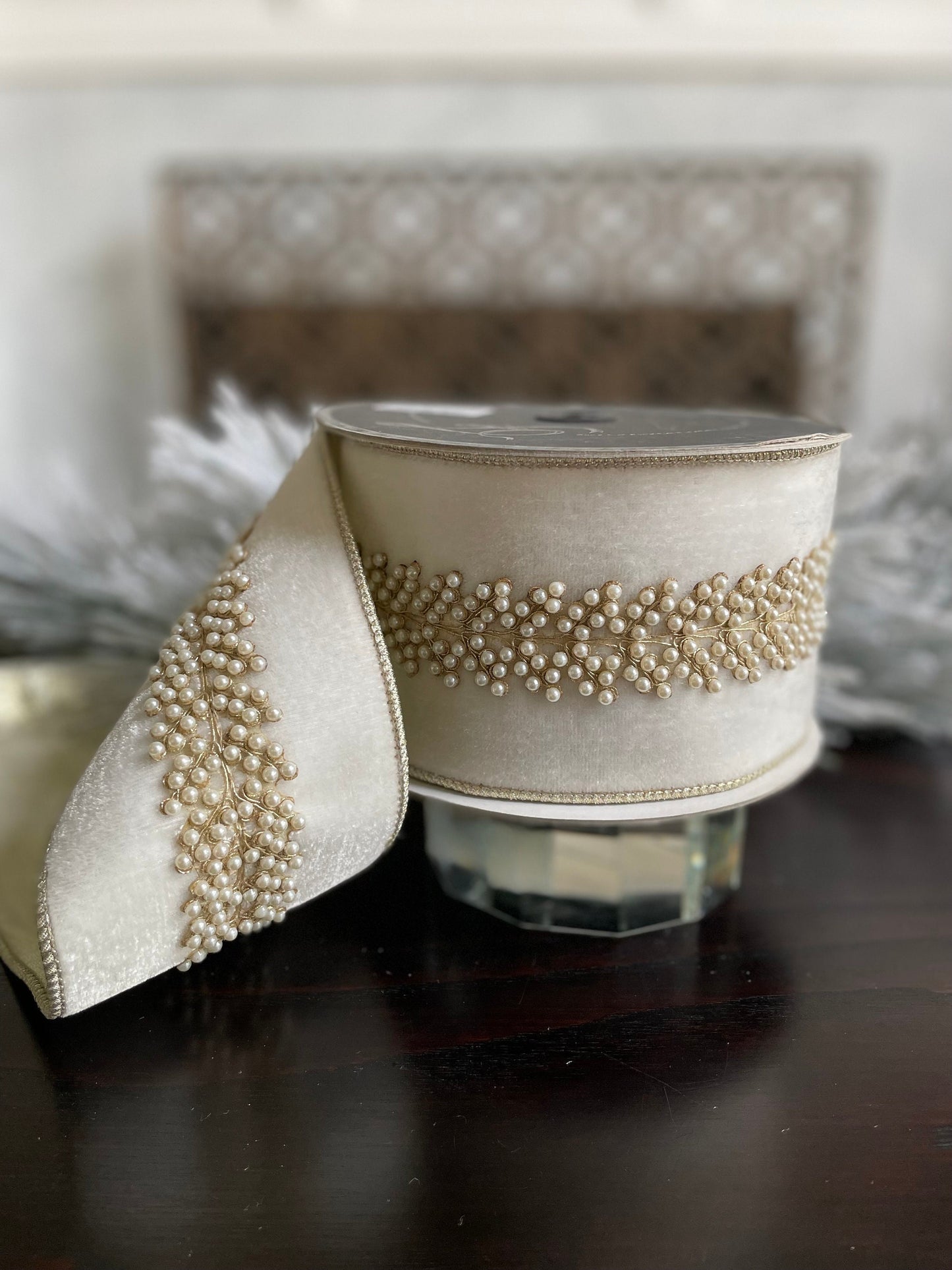 4” x 5 yds. Designer ivory royal pearl vine velvet ribbon. Wired. Farrisilk.