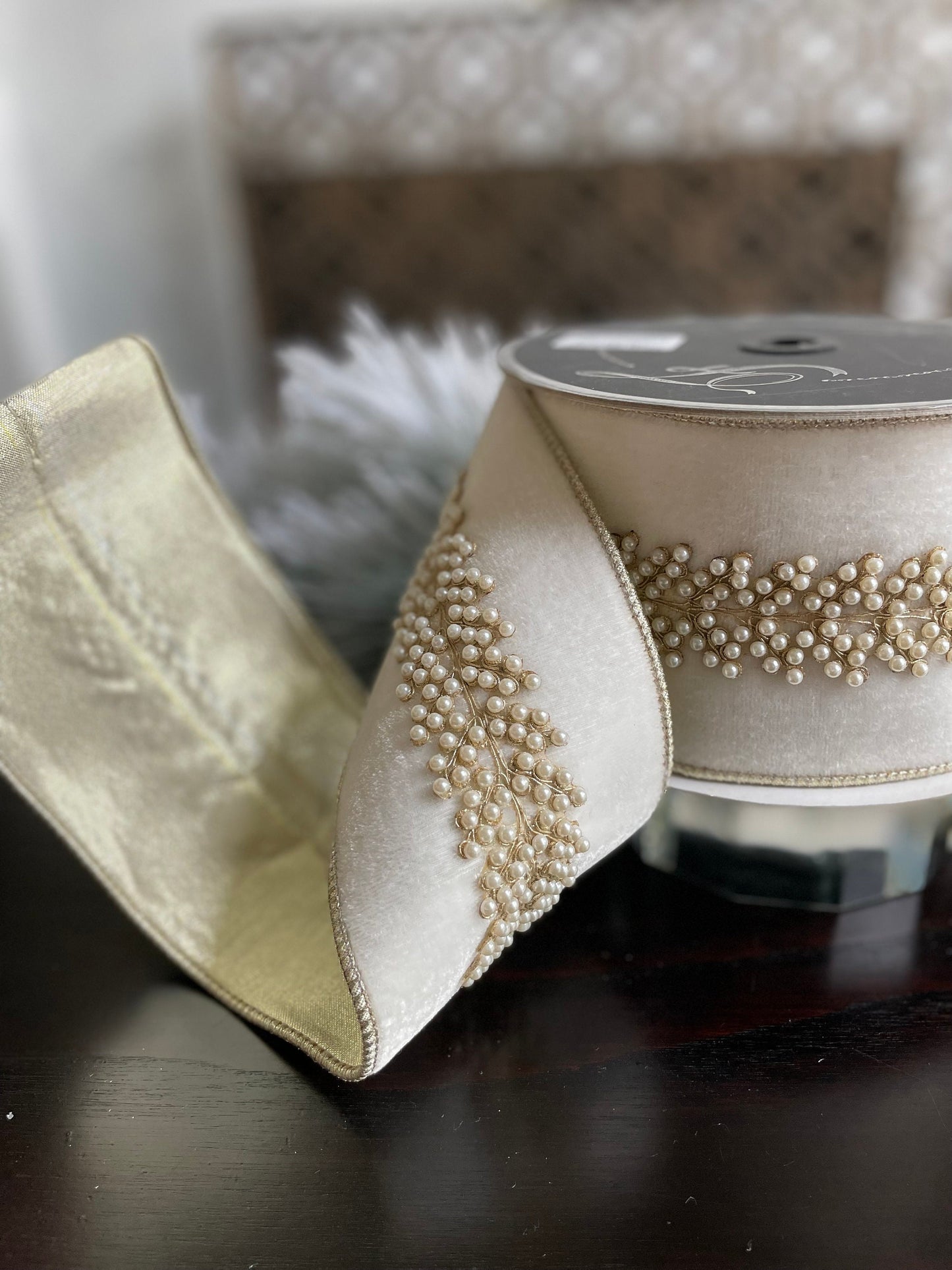 4” x 5 yds. Designer ivory royal pearl vine velvet ribbon. Wired. Farrisilk.