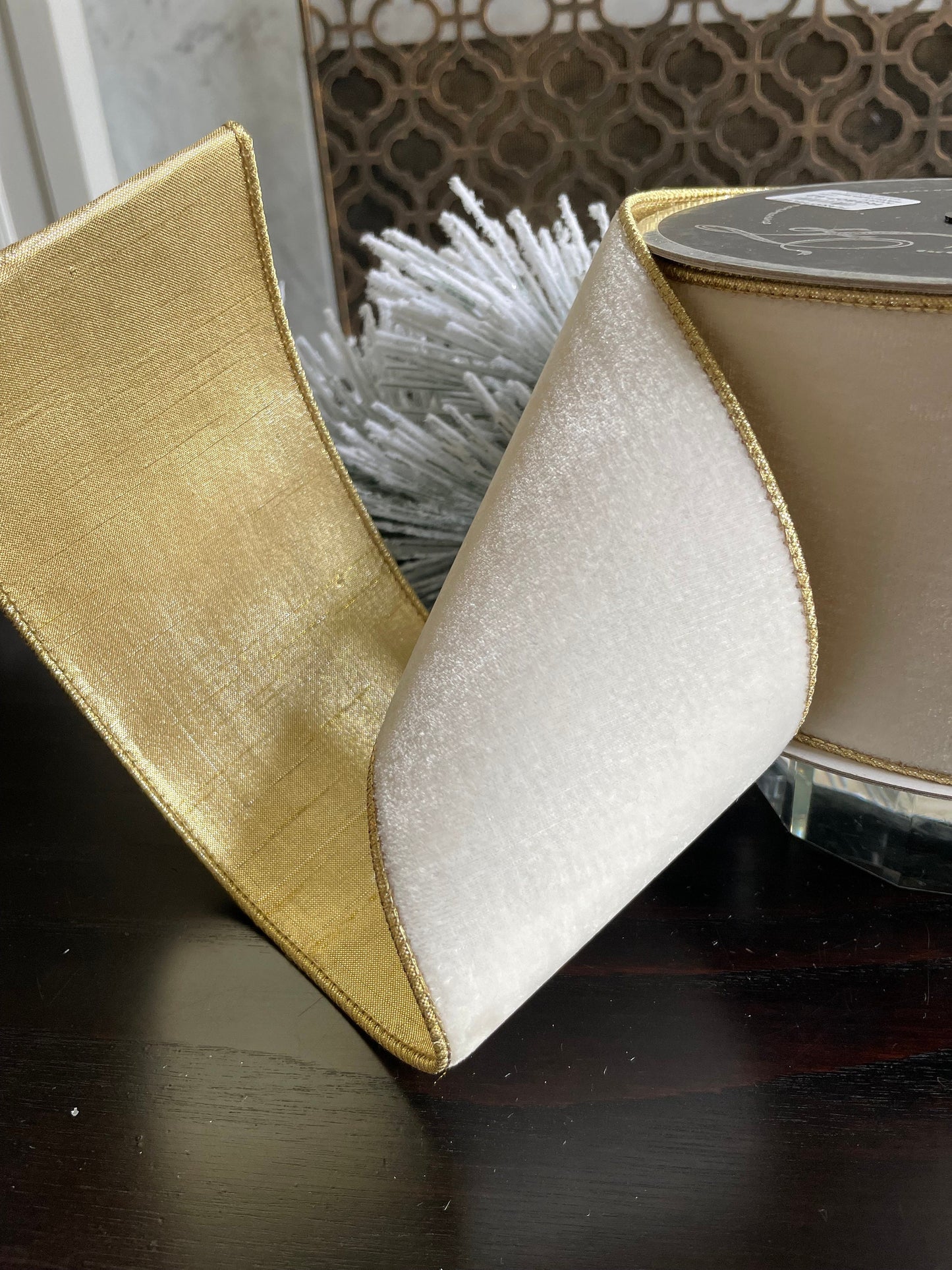 4” x 10 yds. Designer flashy velvet ivory ribbon. Wired. Farrisilk.