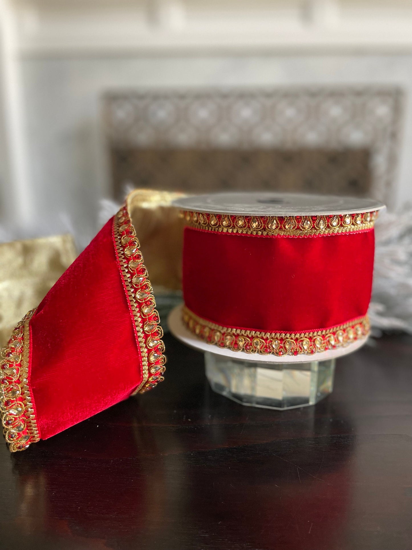 4” x 5 yds. Velvet King Edward red. Jeweled. Wired. Farrisilk.*
