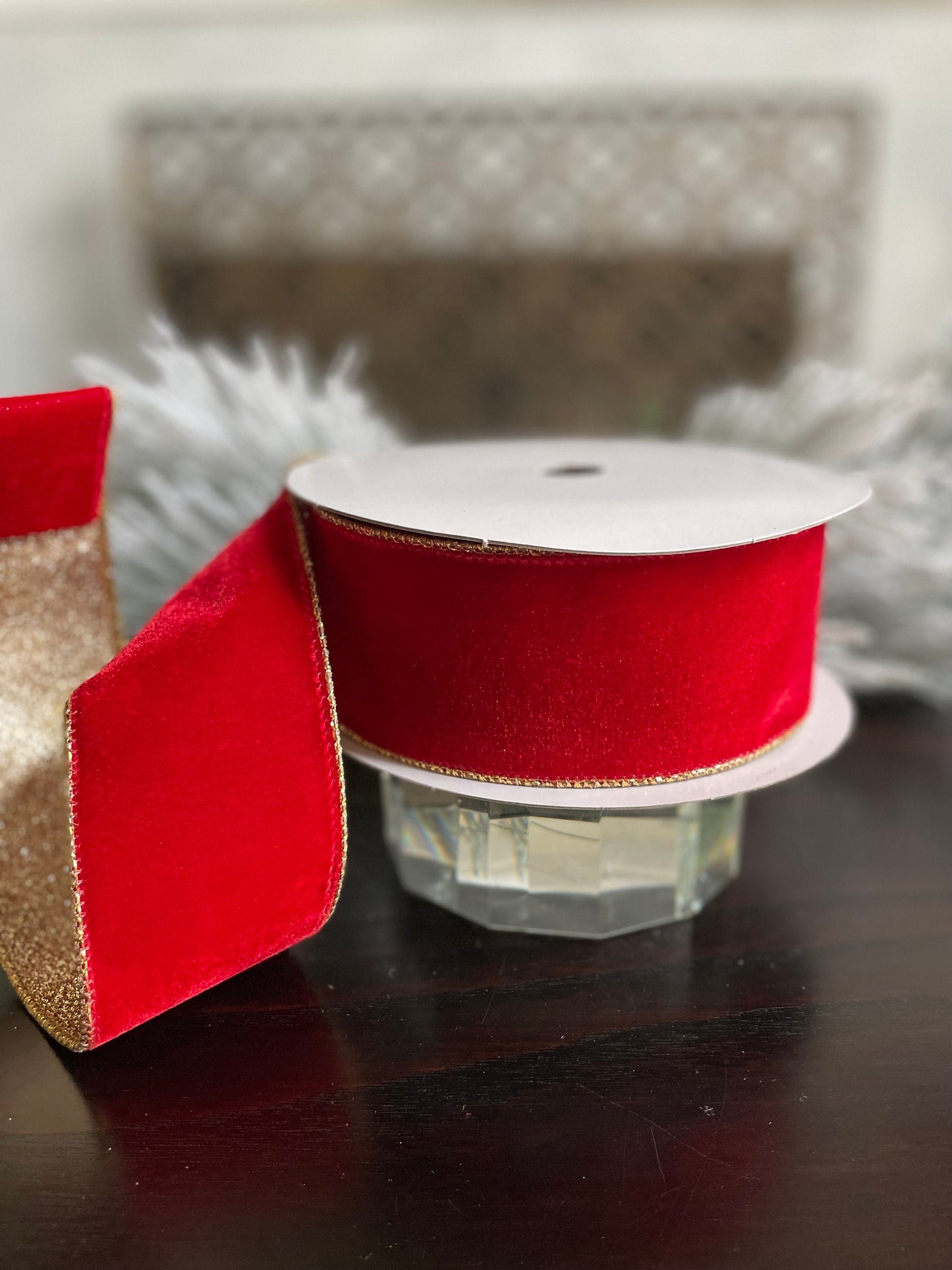 2.5” x 10 yds. Designer red velvet and gold glitter ribbon. Wired. Farrisilk.