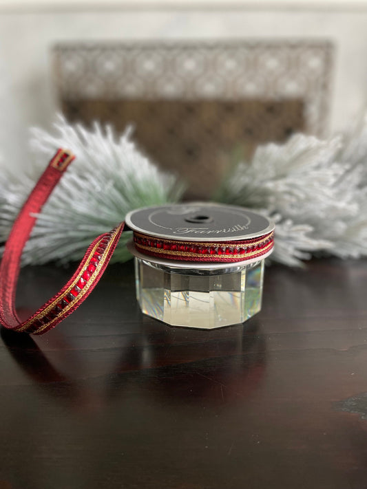 Ribbon .75” x 5 yds. Designer jewely garland ruby ribbon. Wired. Farrisilk.