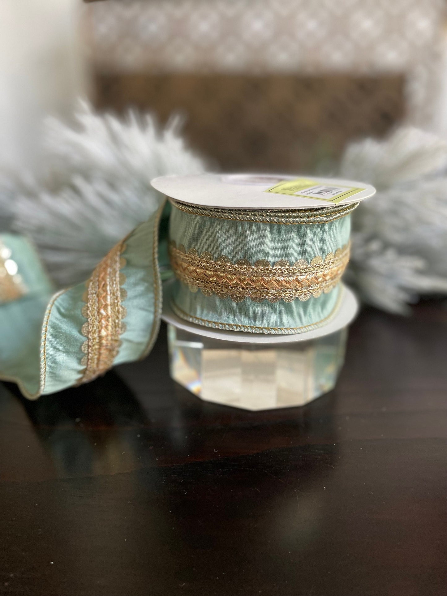 2.5” x 5 yds Designer aqua and light gold scalloped braid dupion ribbon. Wired. Regency.