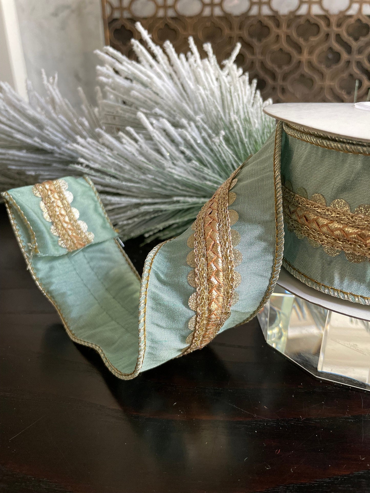 2.5” x 5 yds Designer aqua and light gold scalloped braid dupion ribbon. Wired. Regency.