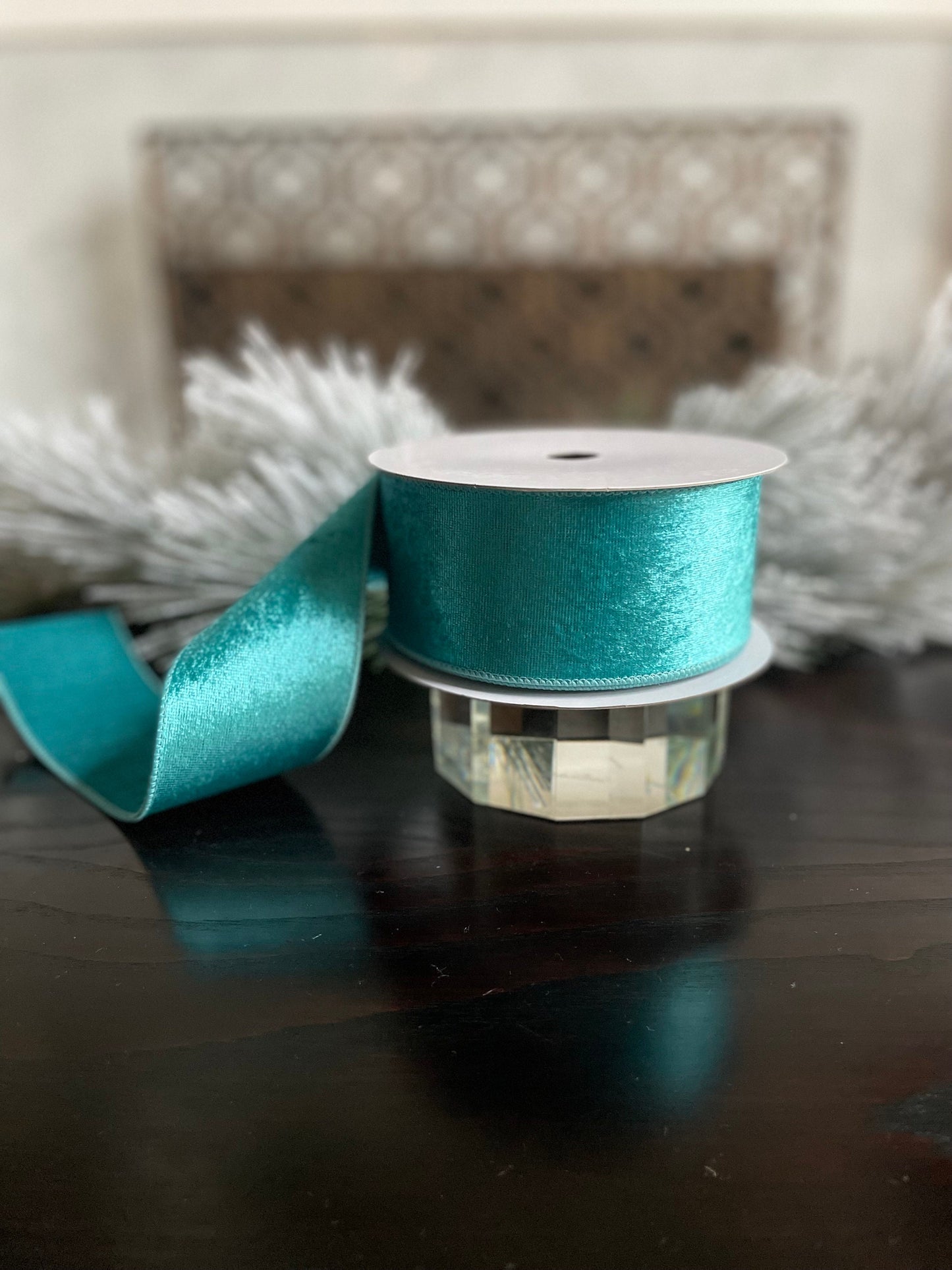 2.5” x 10 yds. Designer turquoise velvet with dupion back ribbon. Wired. Regency.