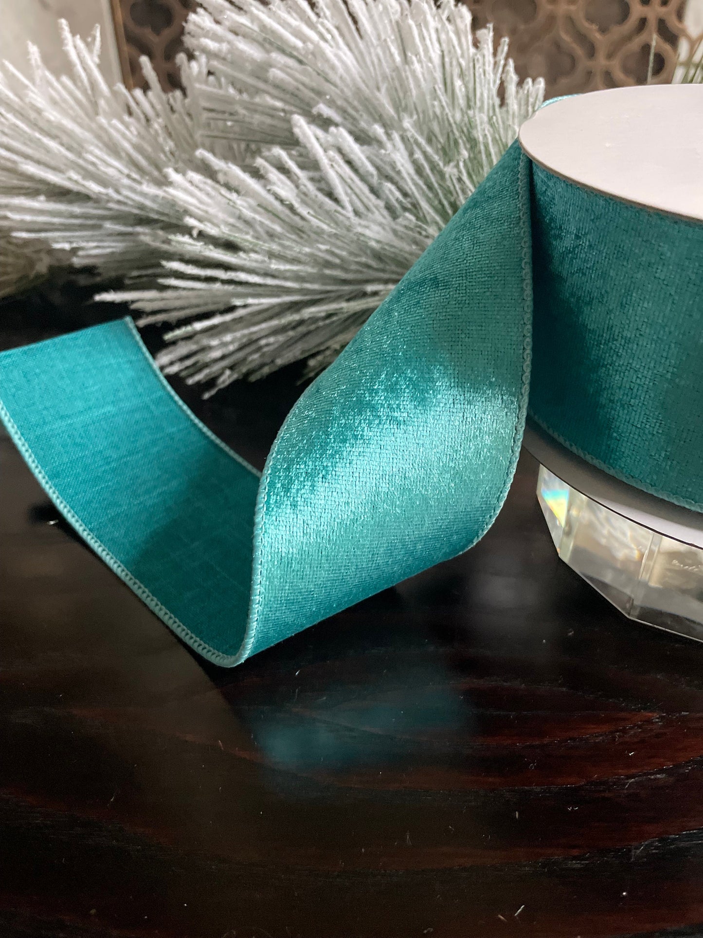 2.5” x 10 yds. Designer turquoise velvet with dupion back ribbon. Wired. Regency.