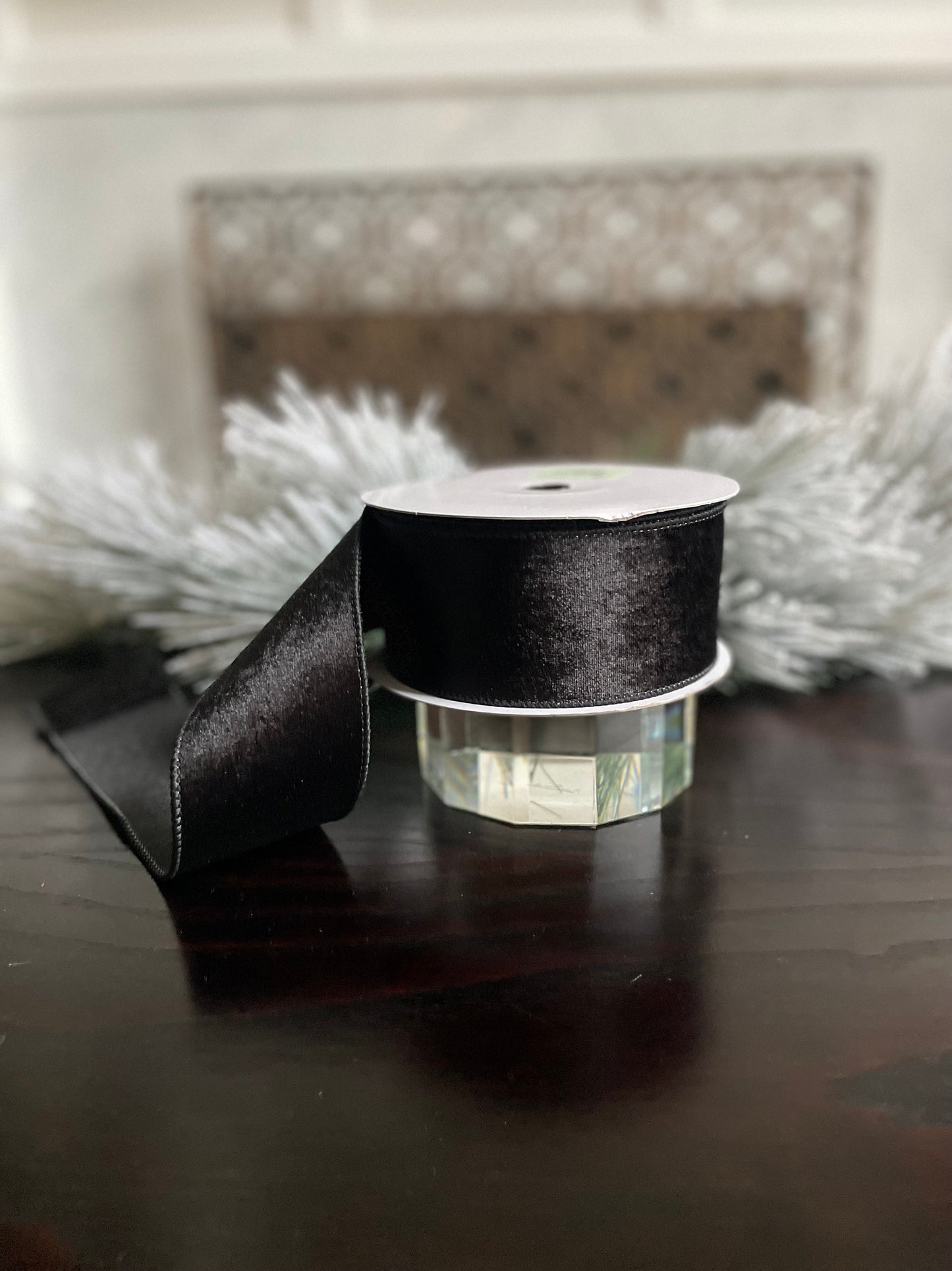 2.5” x 10 yds. Designer black velvet with dupion back ribbon. Wired. Regency.