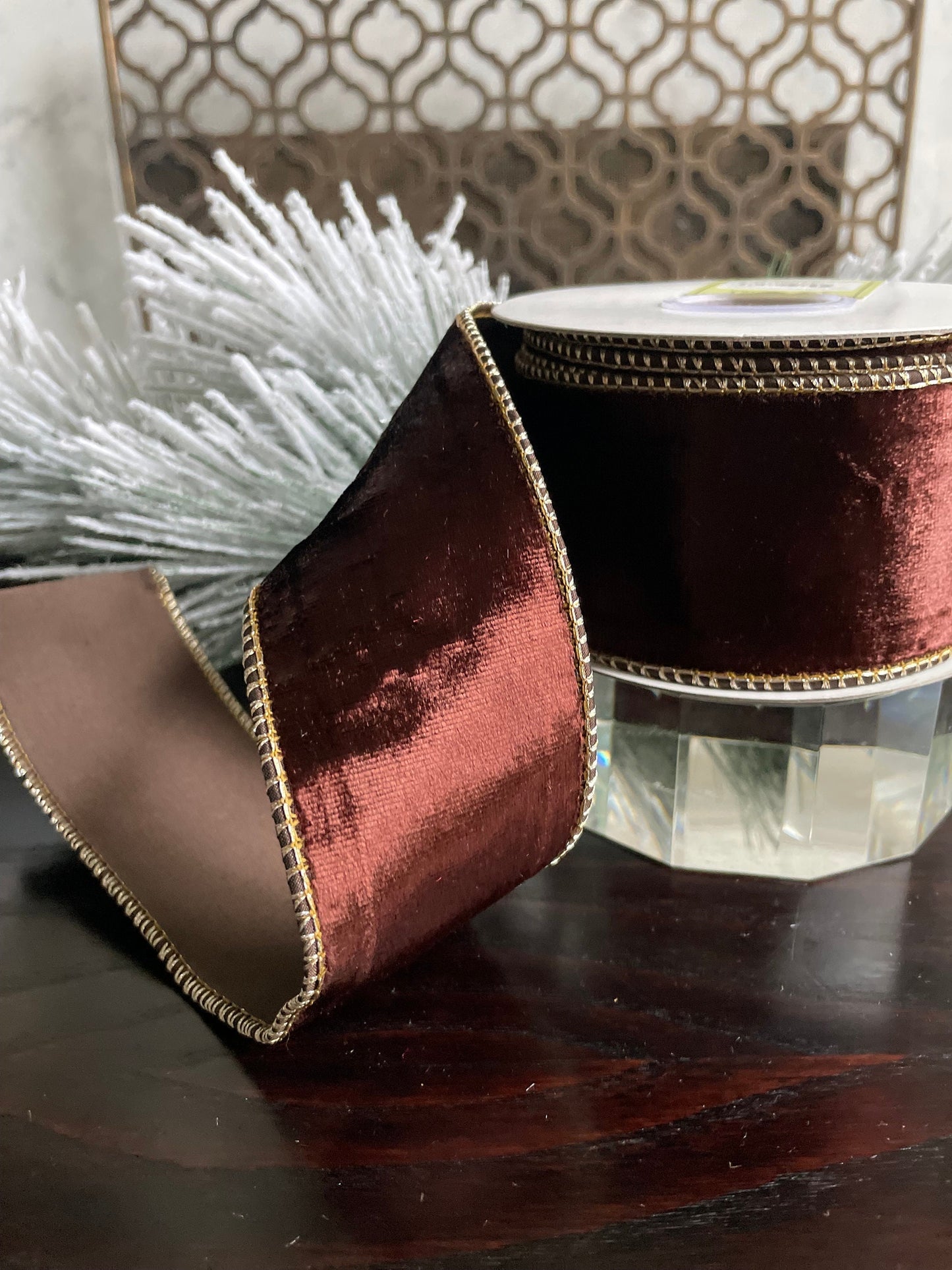 2.5” x 10 yds. Designer brown smooth velvet and taffeta back ribbon. Wired. Regency.