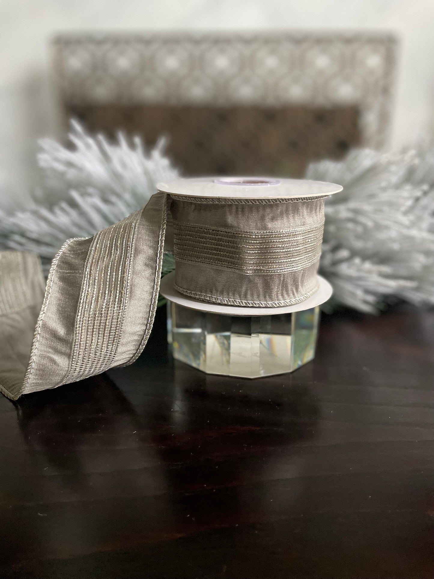 2.5” x 5 yds Designer platinum and light gold stripe trim dupion ribbon. Wired. Regency.