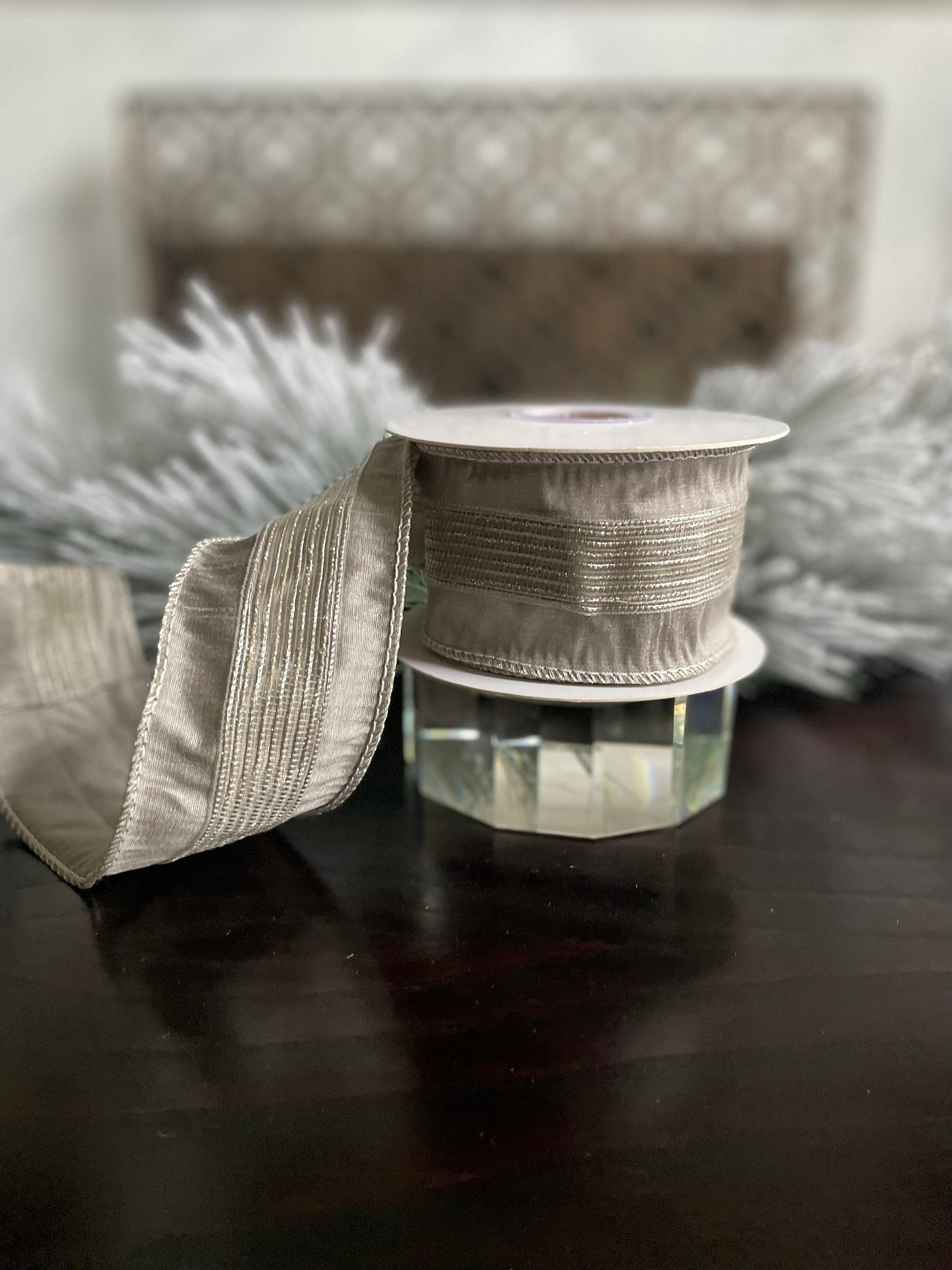 2.5” x 5 yds Designer platinum and light gold stripe trim dupion ribbon. Wired. Regency.
