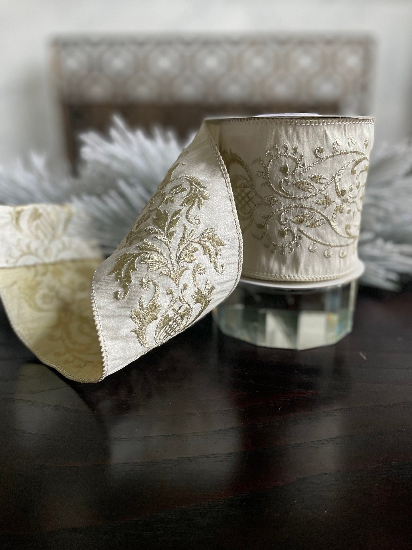 4” x 5 yds. Designer ivory and gold damask embroidered dupion ribbon. Wired. Regency.