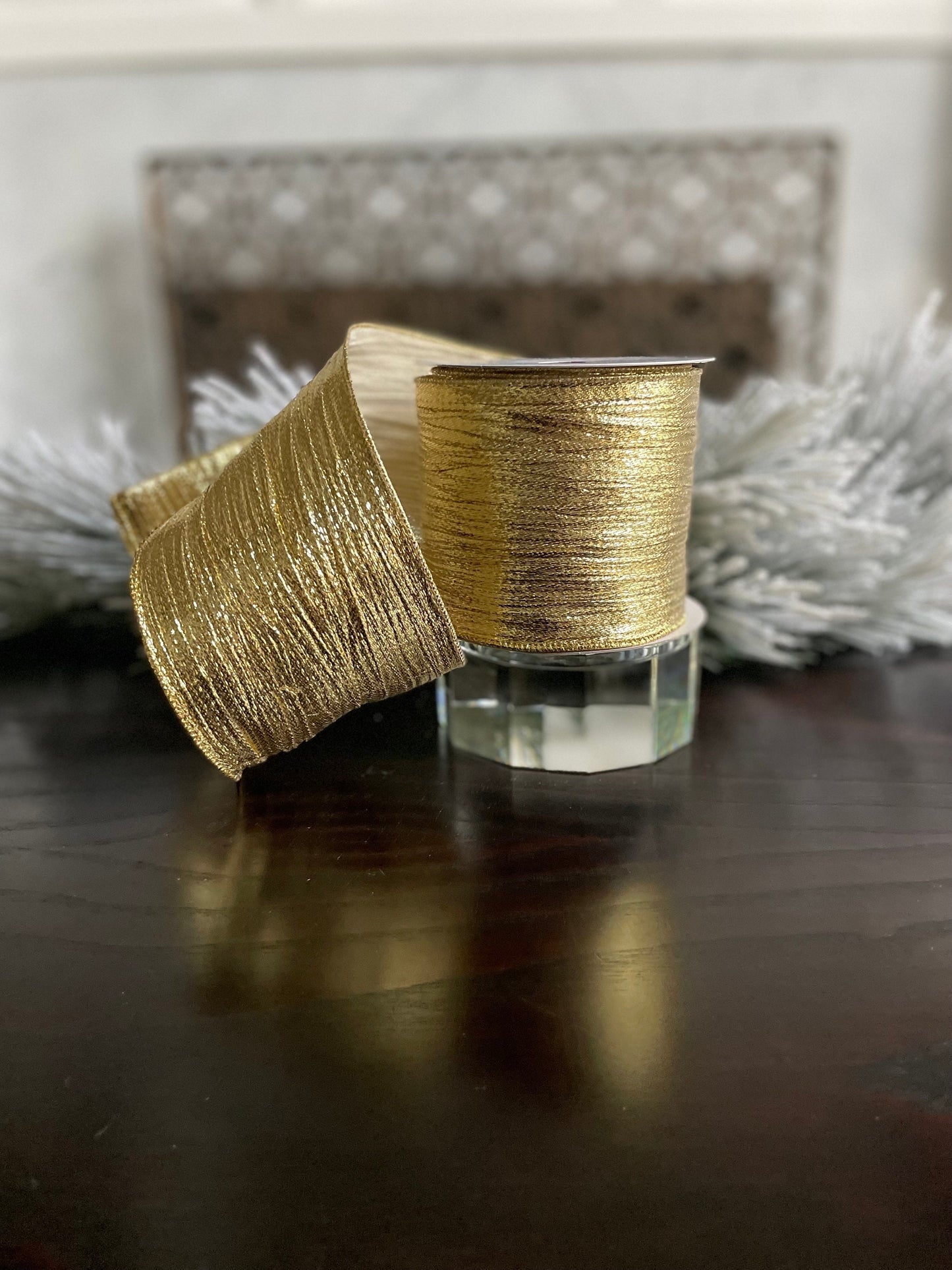 4” x 10 yds. Gold woven guilded metallic ribbon. Wired. Regency.
