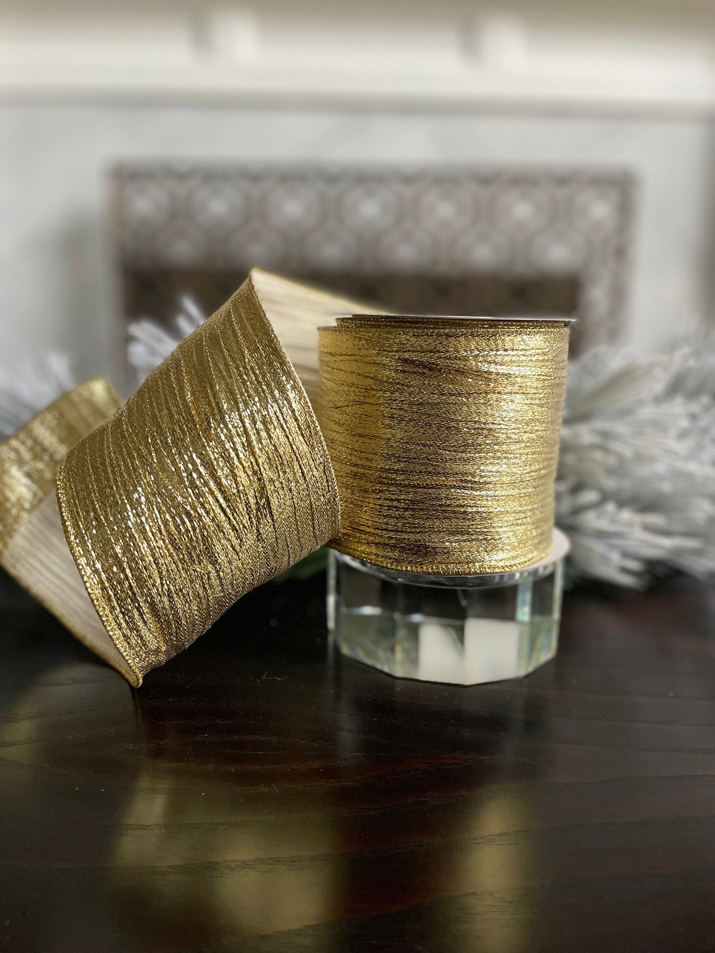 4” x 10 yds. Gold woven guilded metallic ribbon. Wired. Regency.