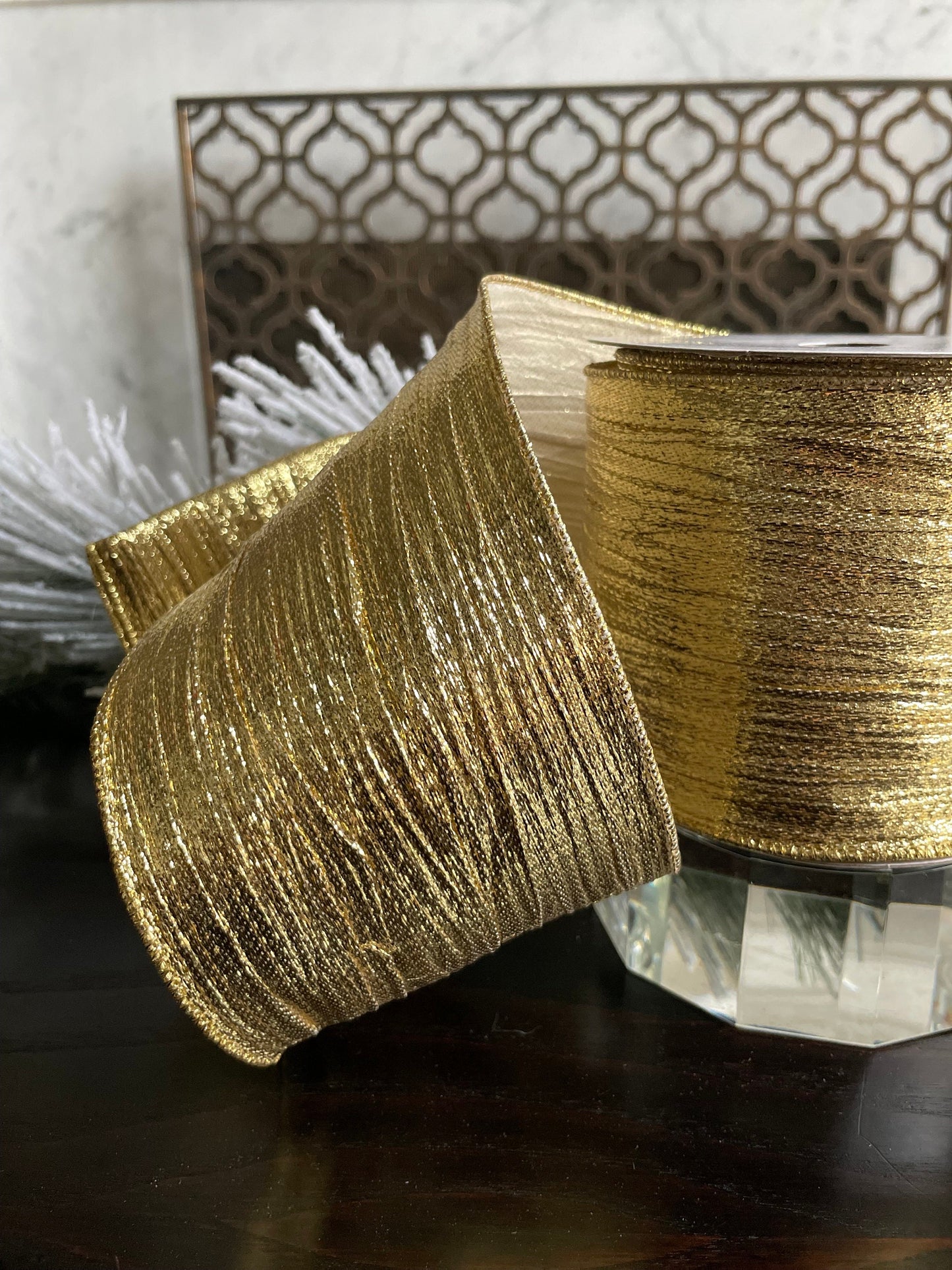 4” x 10 yds. Gold woven guilded metallic ribbon. Wired. Regency.