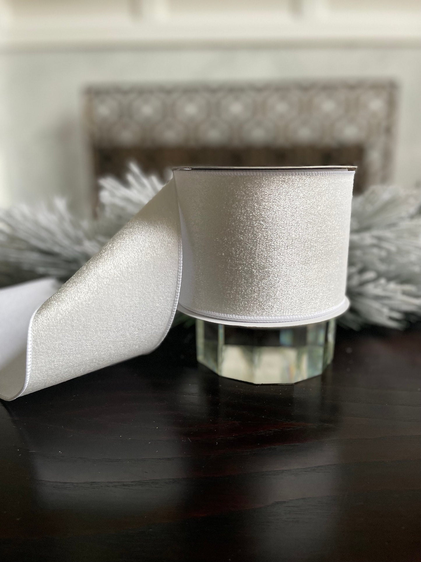 4” x 10 yds. White velvet with dupion back ribbon. Wired. Regency.