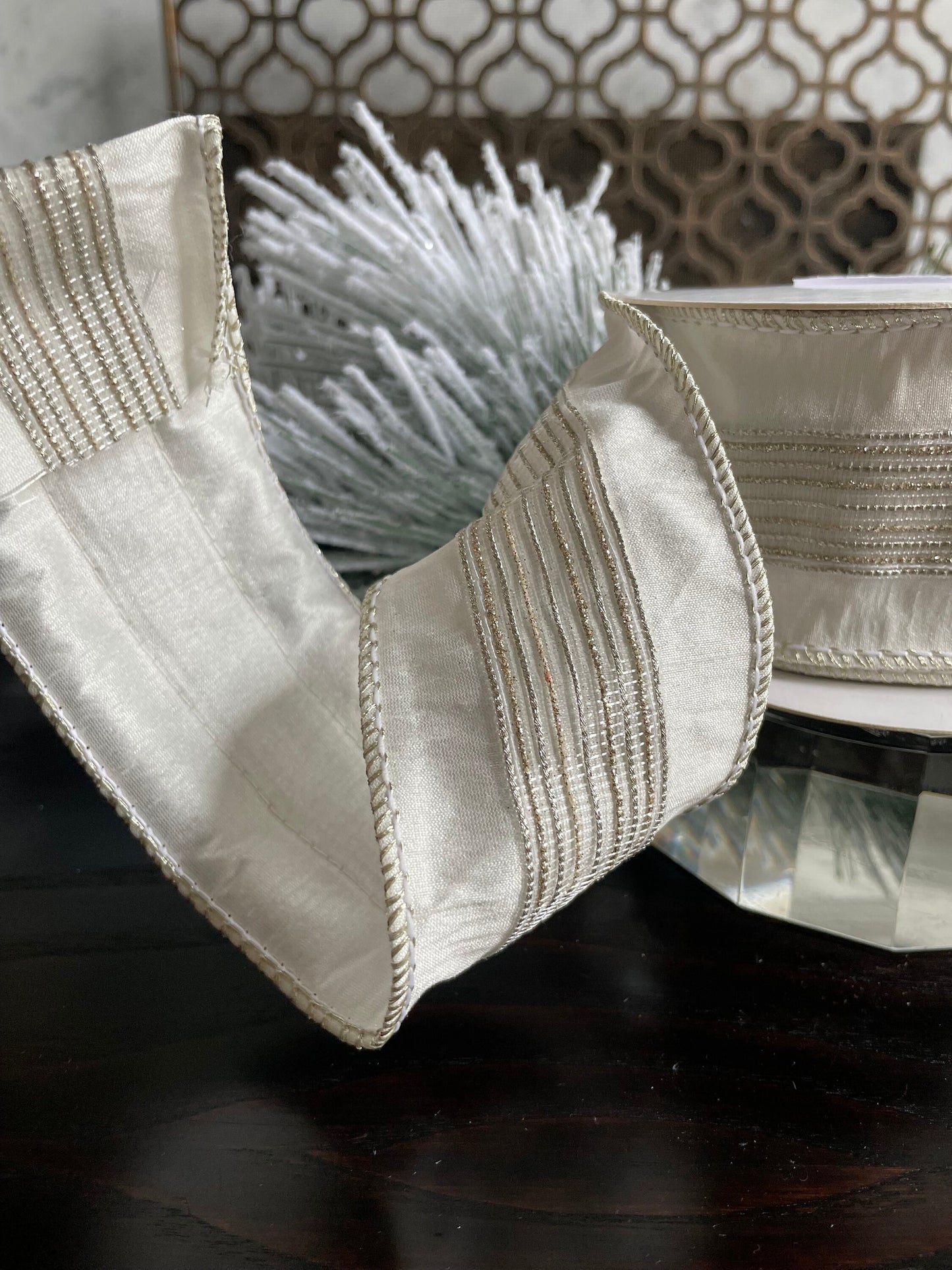 2.5” x 5 yds Designer ivory and light gold stripe trim dupion ribbon. Wired. Regency.