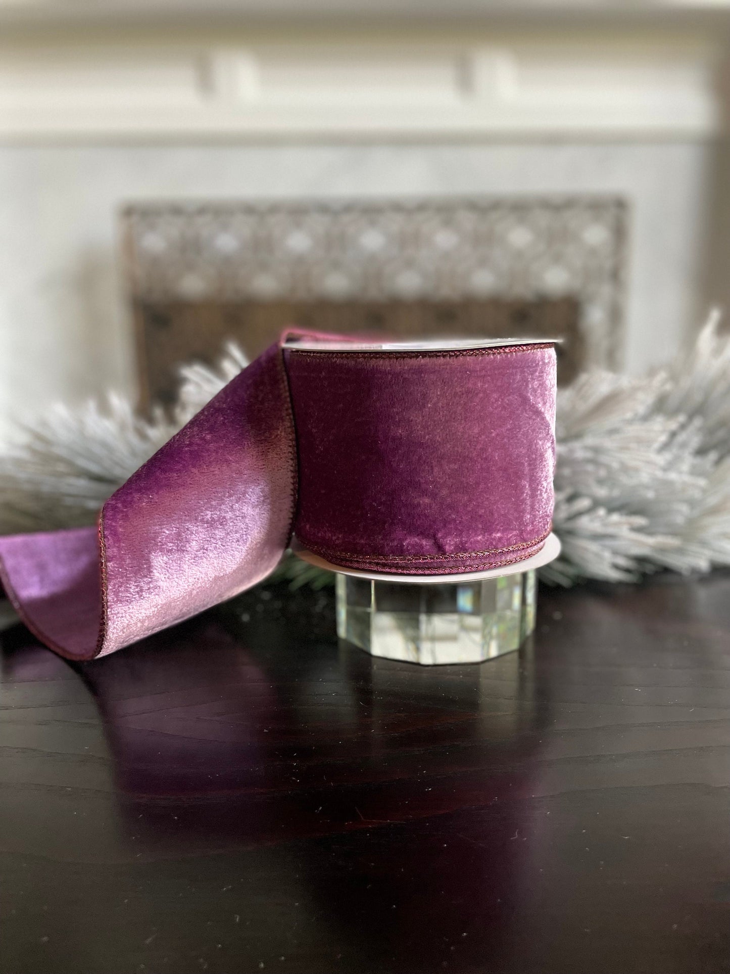 4” x 10 yds. Lavender crown velvet metallic back ribbon. Wired. Regency.