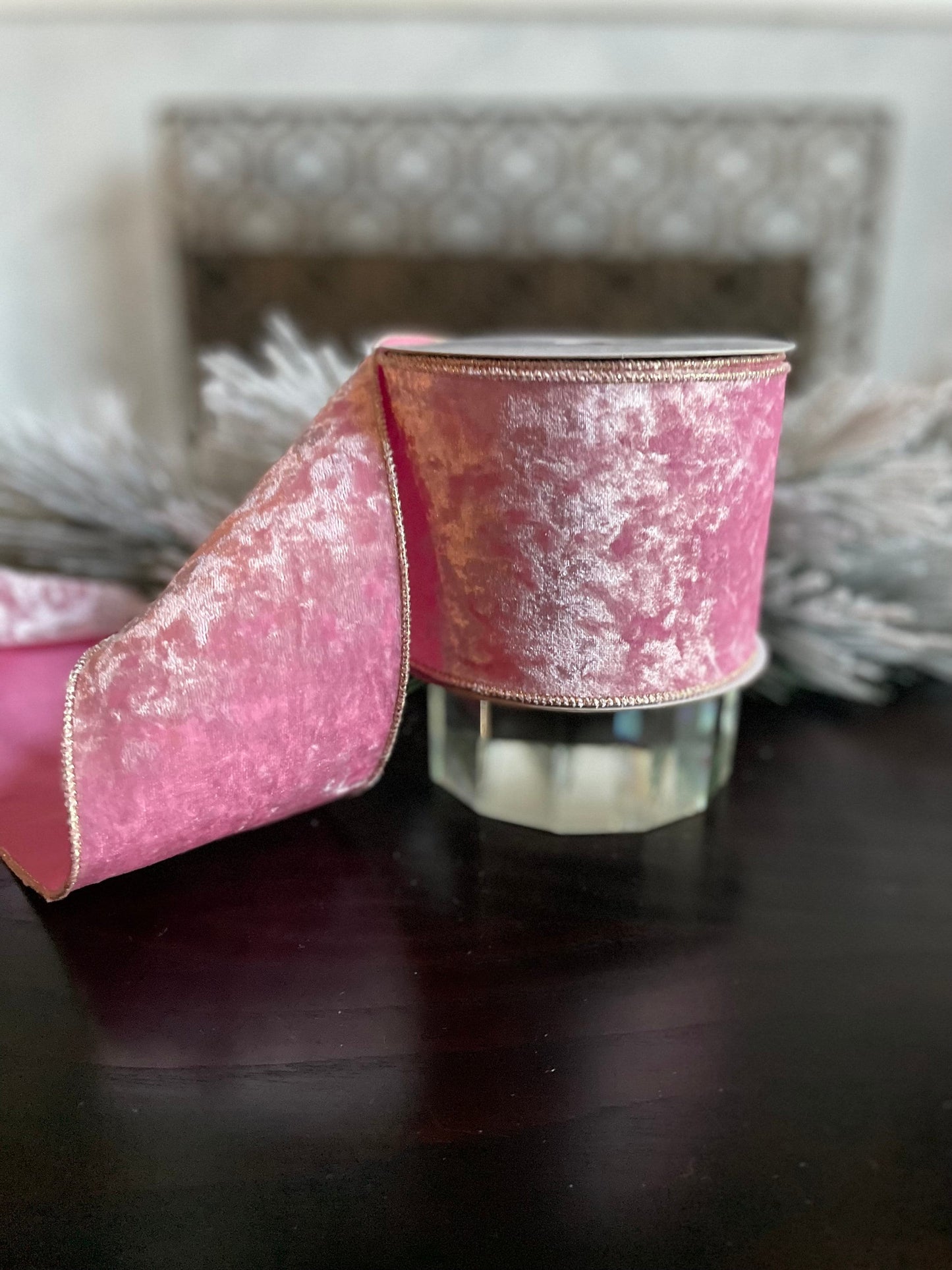 4” x 10 yds. Pink and gold shimmering velvet ribbon. Wired. Regency.