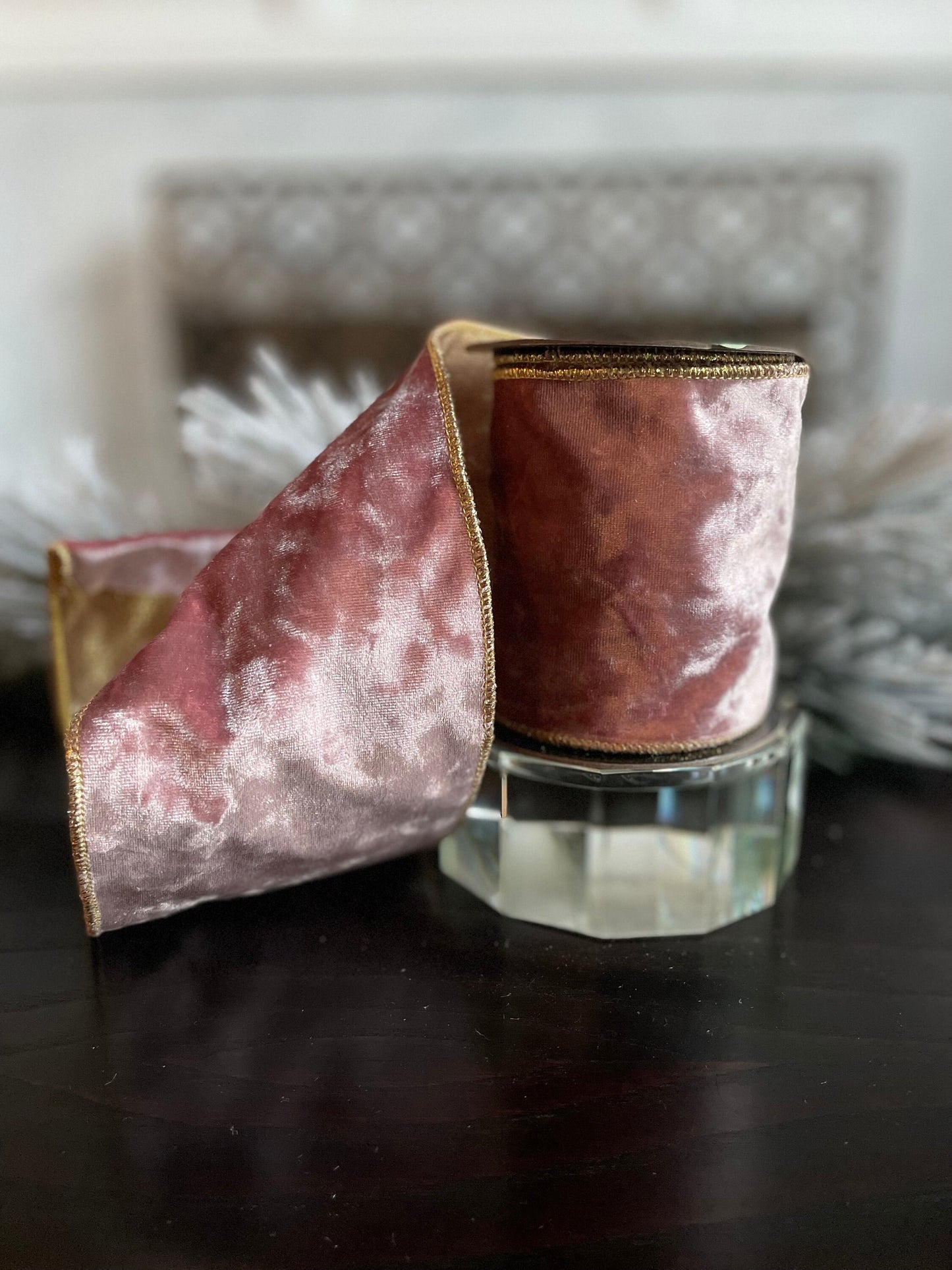 4” x 5 yds. Designer luxury textured mauve velvet ribbon. Wired. Regency.