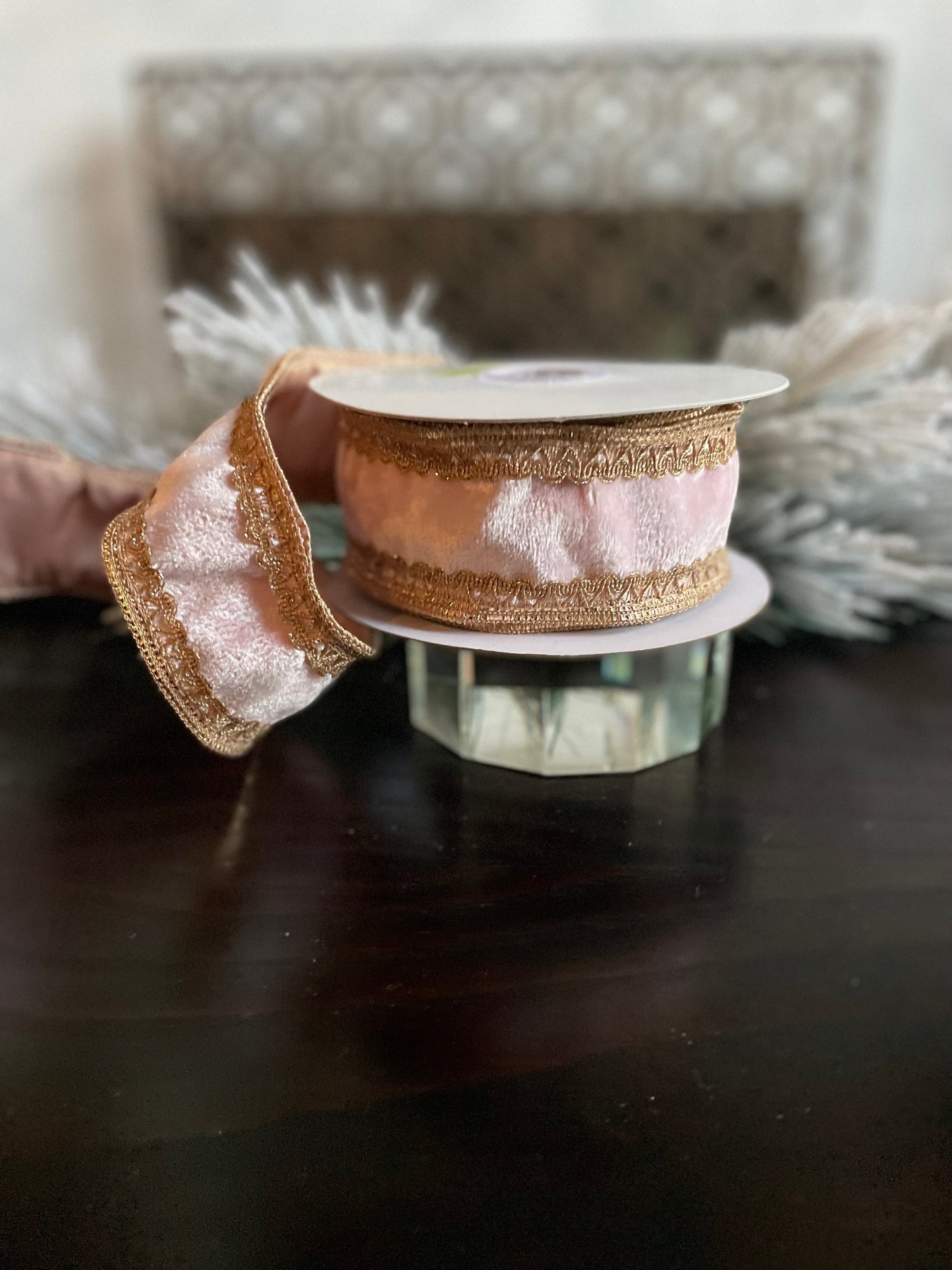 2.5” x 5 yds Designer pink and gold trim on velvet ribbon. Wired. Regency.