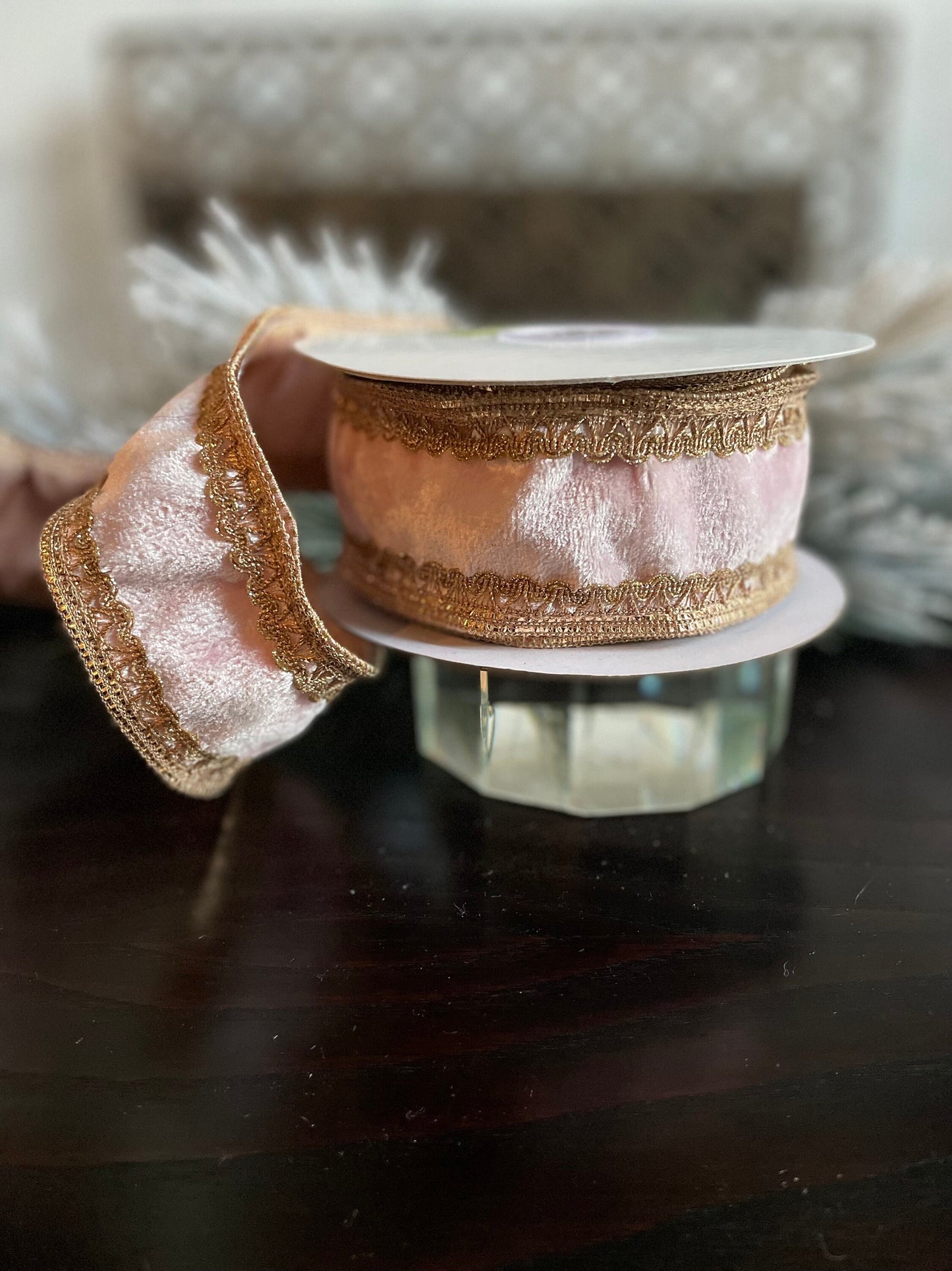 2.5” x 5 yds Designer pink and gold trim on velvet ribbon. Wired. Regency.