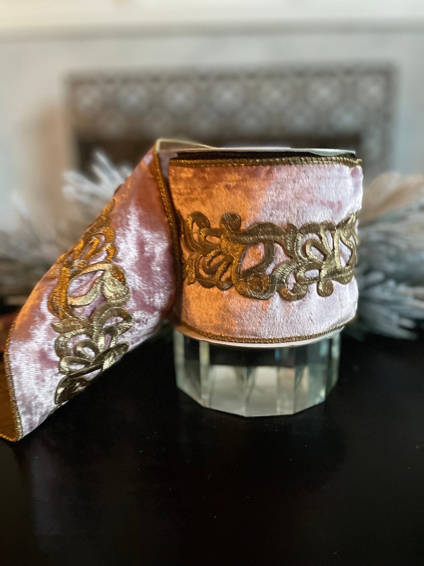 4” x 5 yds. Designer pink and gold laser cut trim velour/ tissue ribbon. Wired. Regency.
