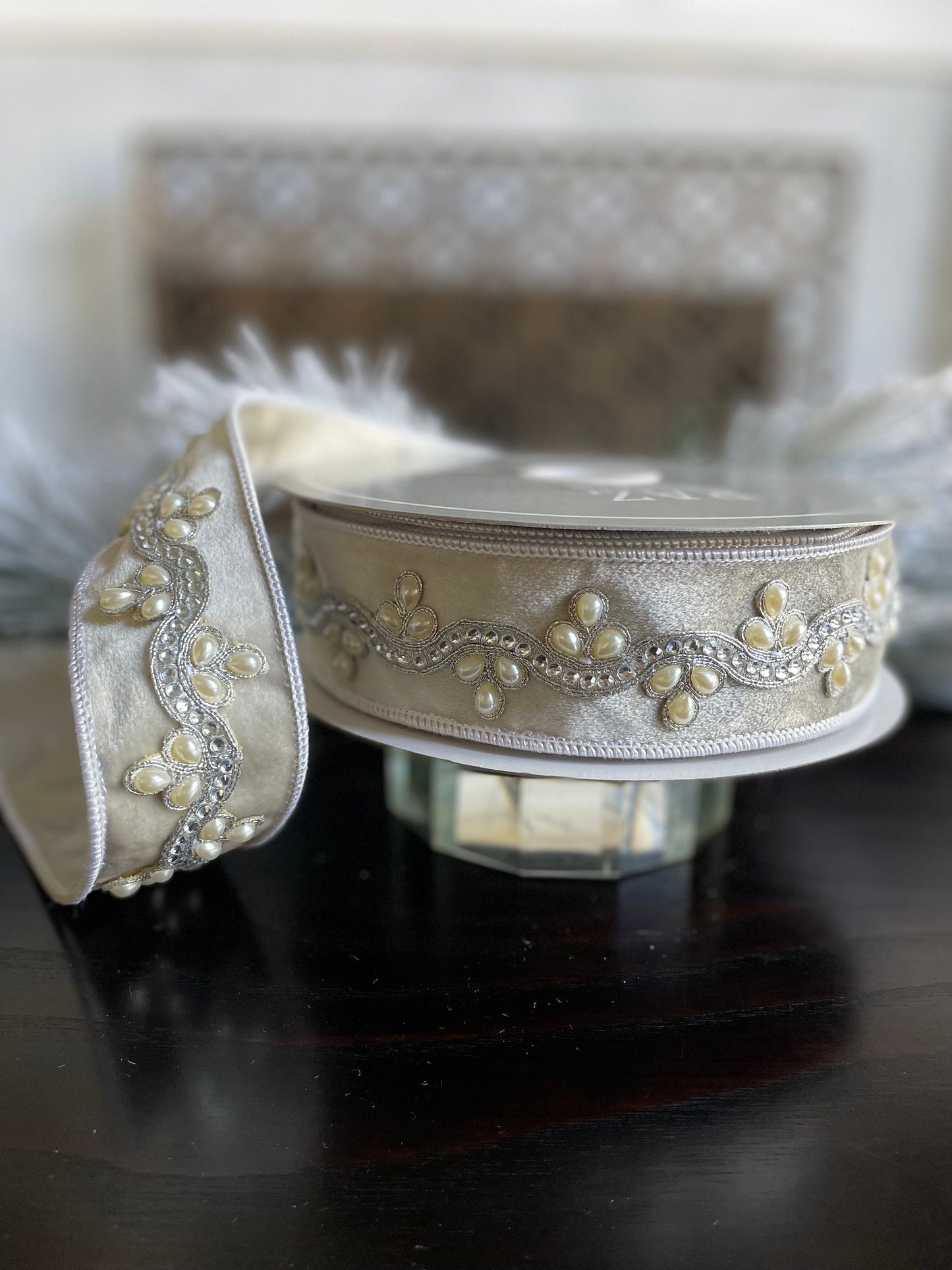 2” x 10 yds. Designer jeweled ivory velvet wired ribbon. Raz.