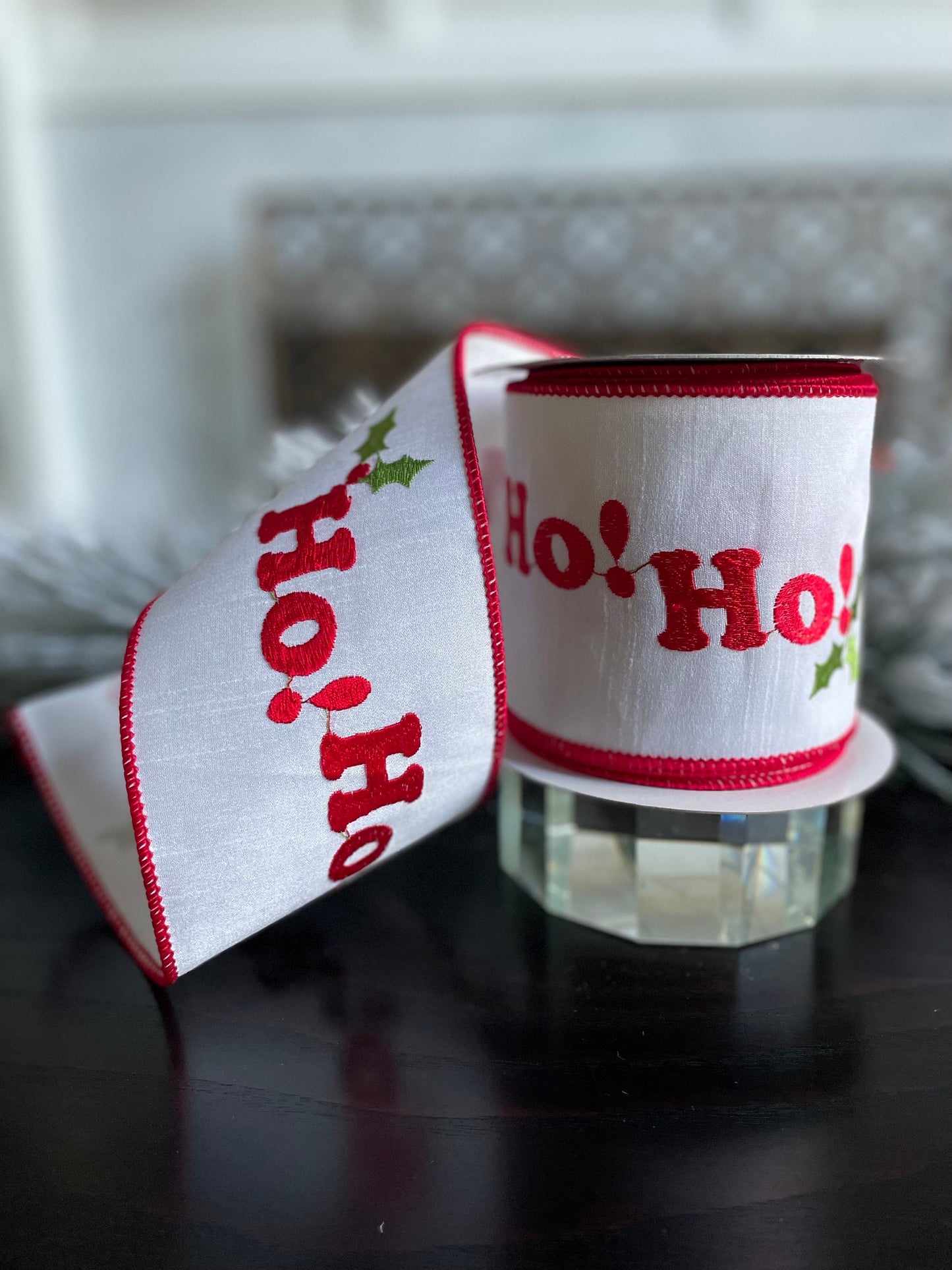 4” X 10 yds Designer Ho ho ho embroidered wired ribbon. Red, white and green. Raz.