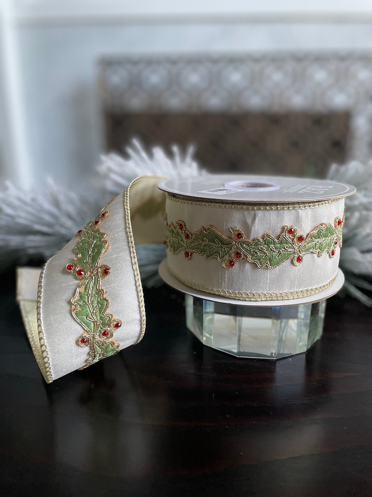 2.5” x 10 yds. Designer holly leaf wired ribbon. Raz.