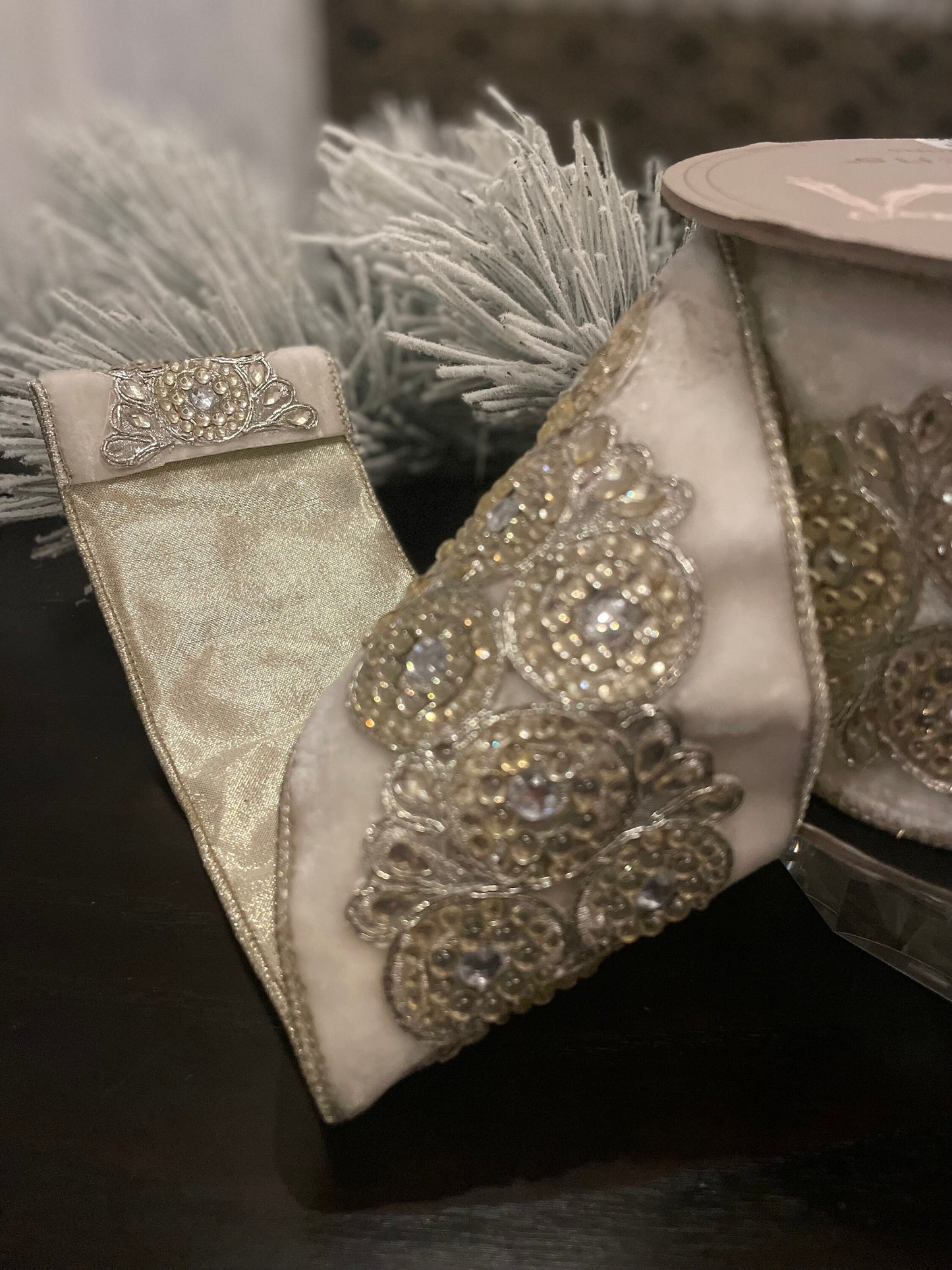Designer velvet winter white circular clear jewel trim metallic back ribbon. 4”x 5 yards. Wired. D. Stevens.