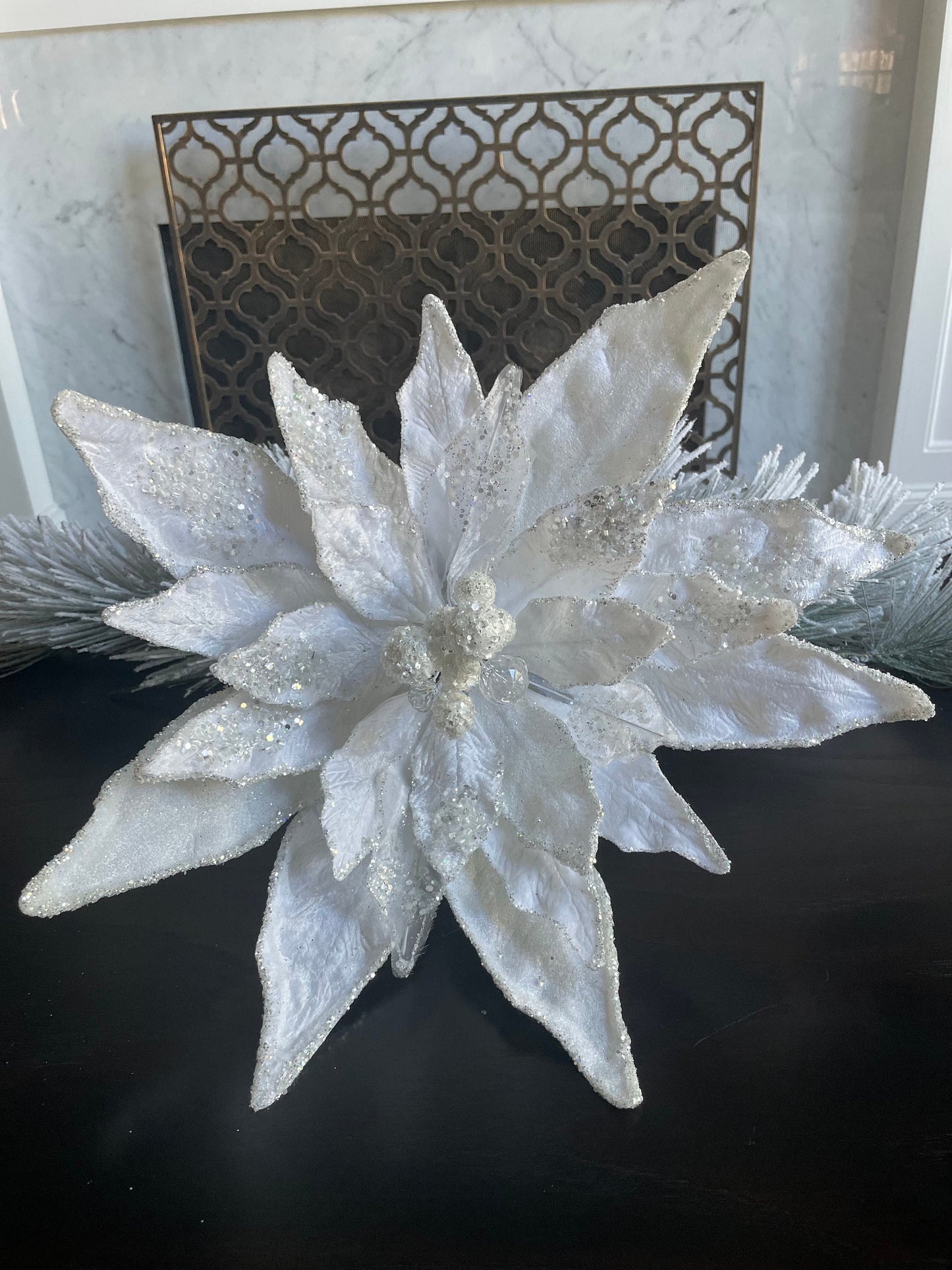 18”Extra large clip Poinsettia velvet white beaded and glitter. 18” tip to tip.