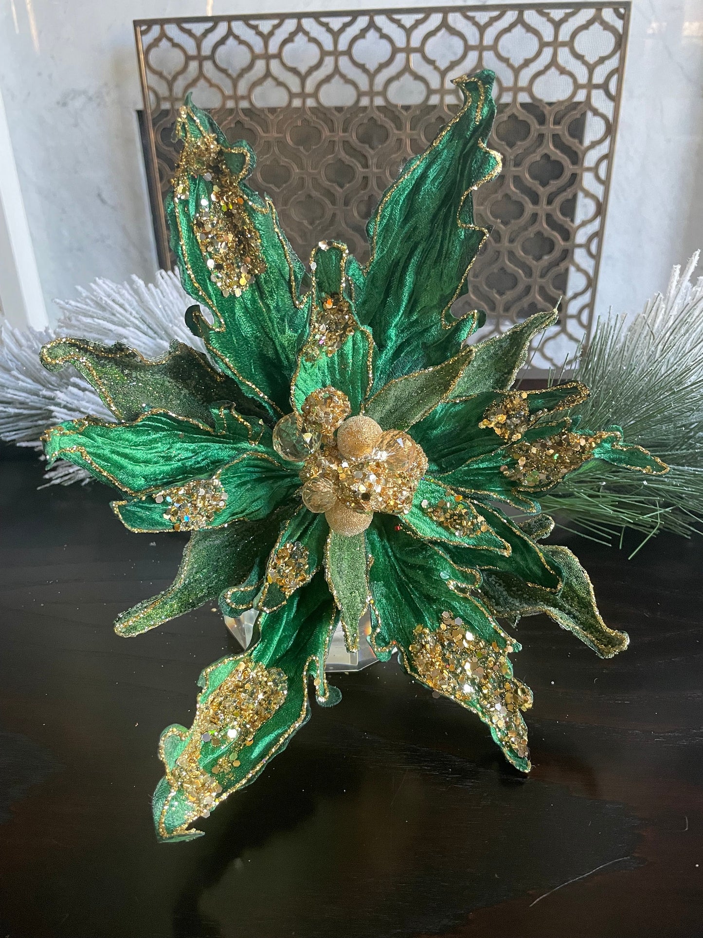 14.5” Large Poinsettia stem emerald and gold glitter. Beaded. 14.5” tip to tip.