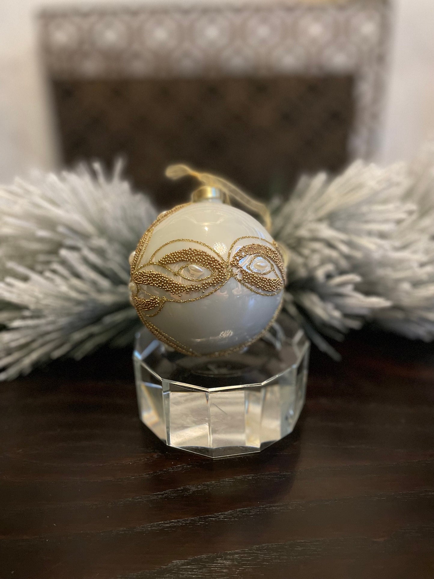 Set of 2. 4" glass ivory and gold embellished with pearls ornament ball.