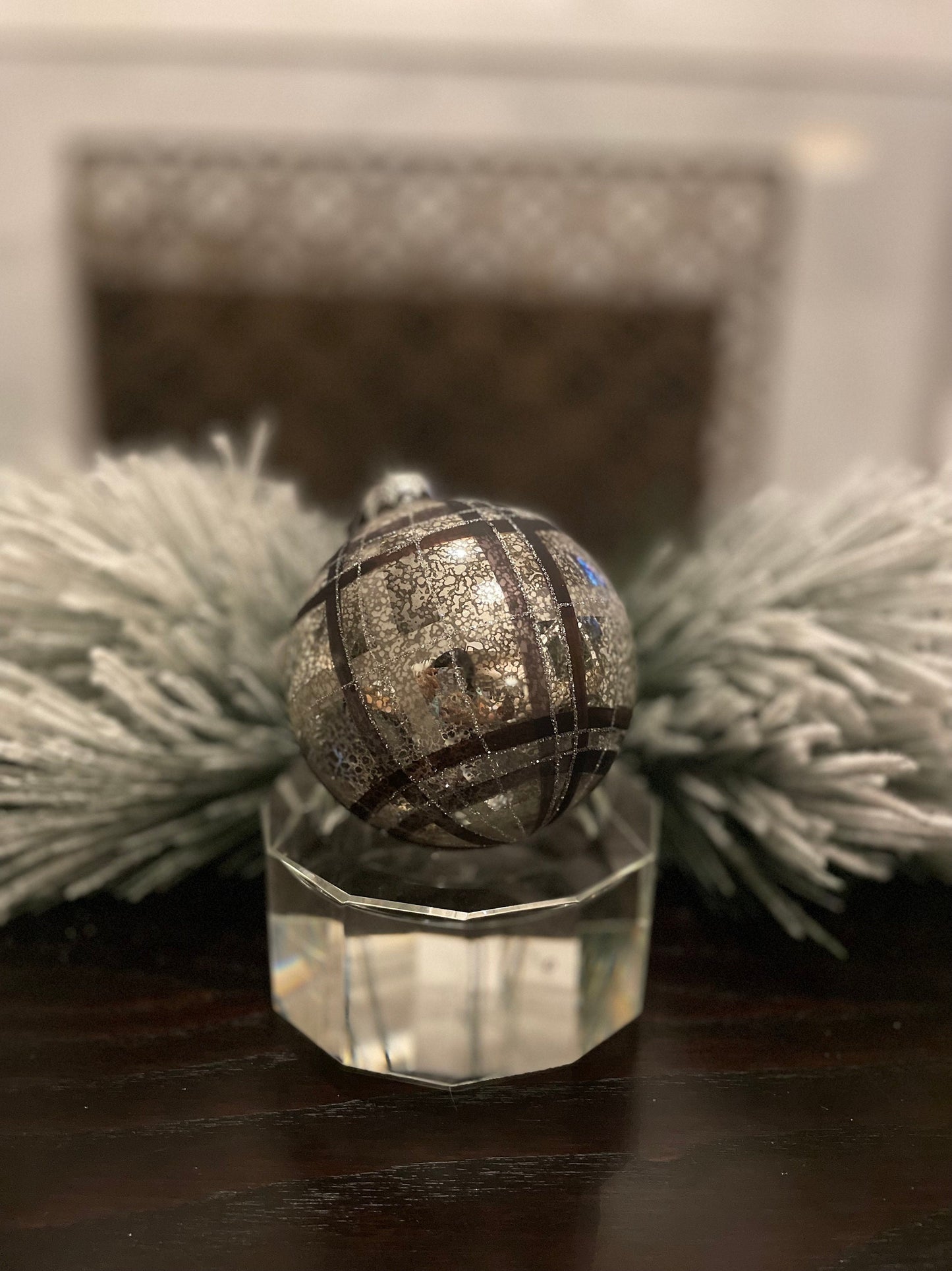 Set of 2. 4" mercury glass plaid ball ornament. Beautiful!