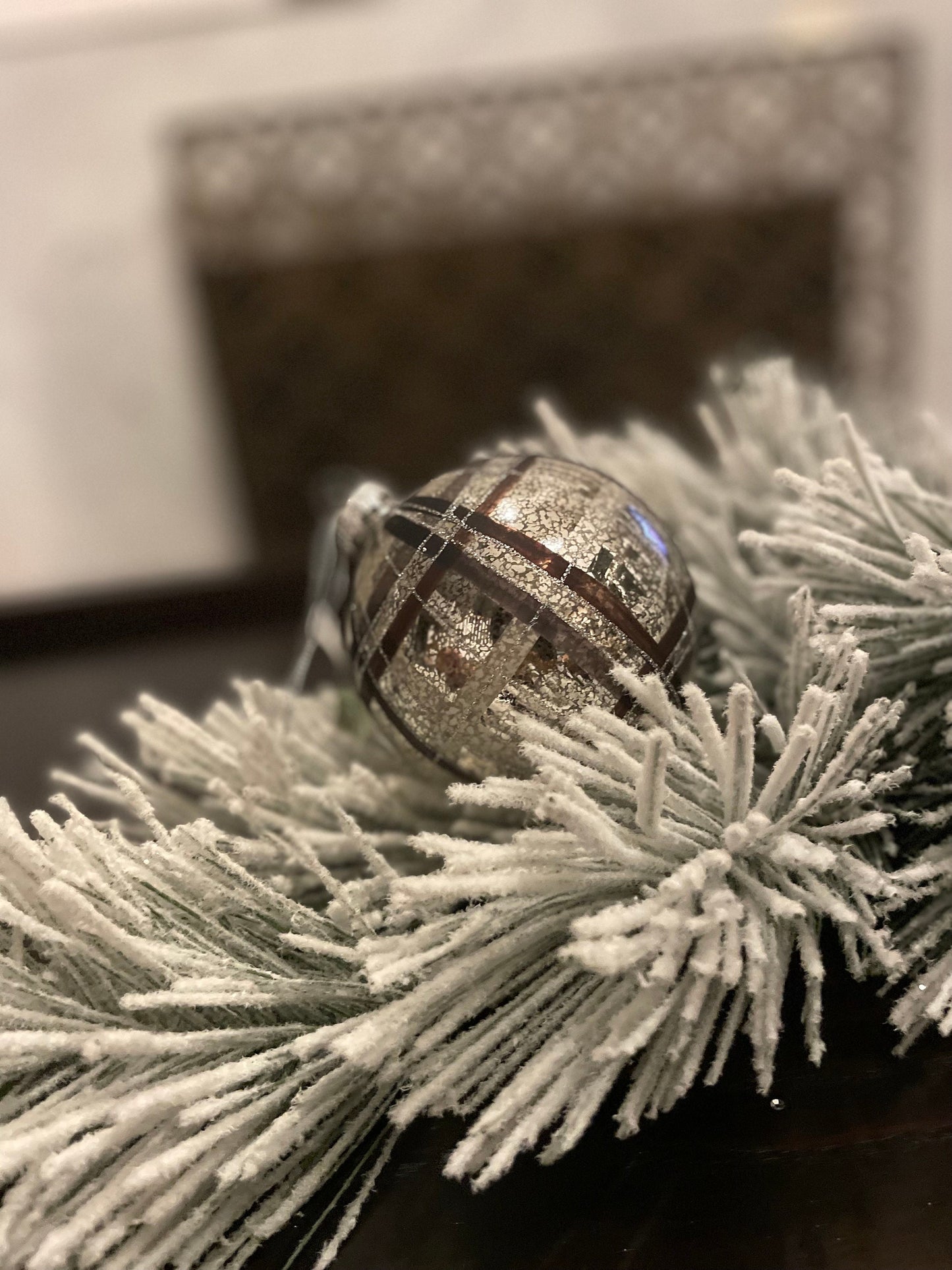 Set of 2. 4" mercury glass plaid ball ornament. Beautiful!
