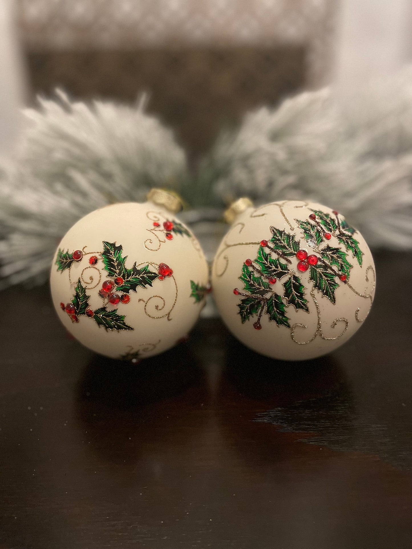 Set of 2. 4" Glass jewel holly vine ball ornament.