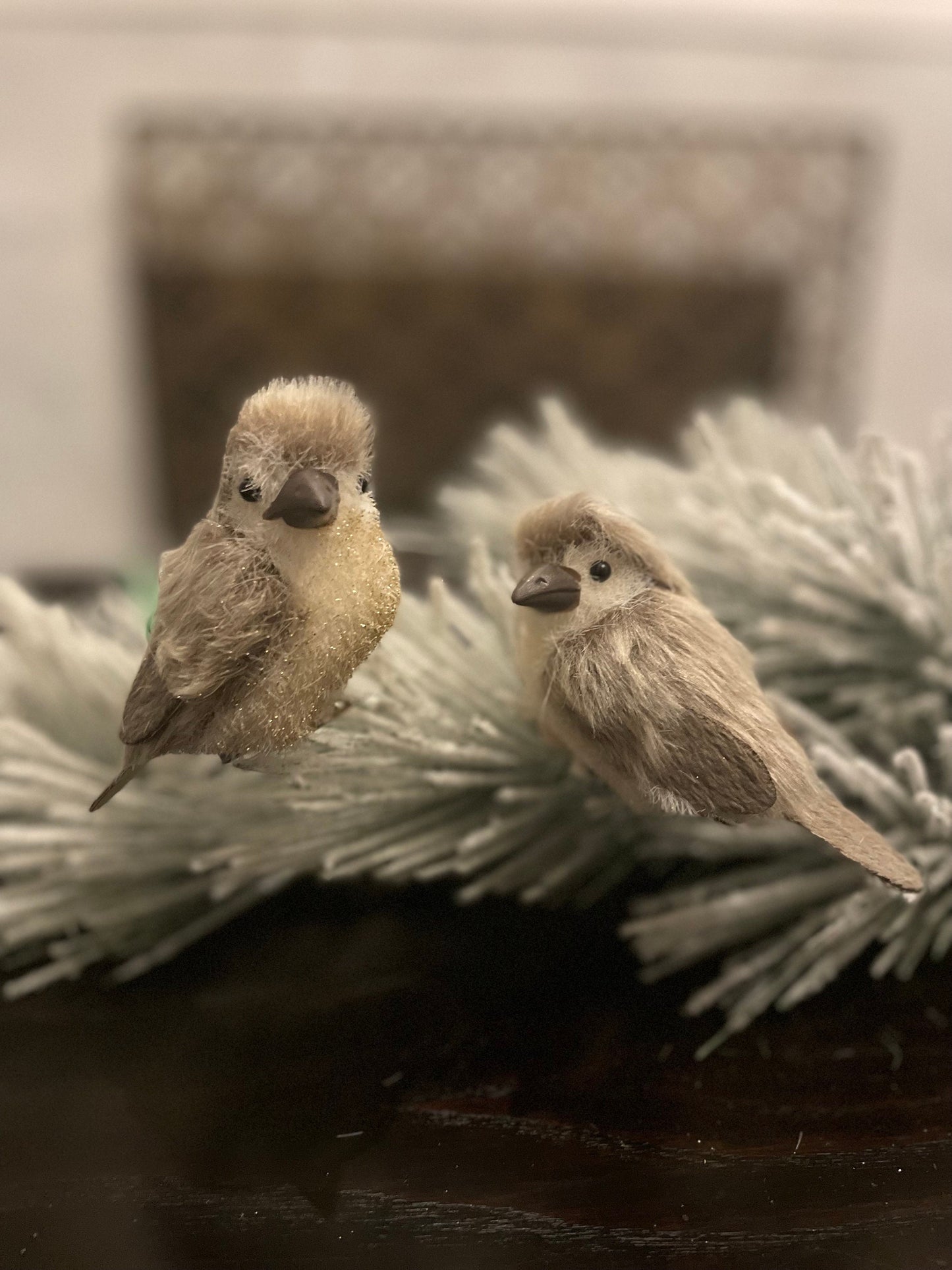 Set of 2. 4” Fabric and faux fur glitter bird clip ornament.