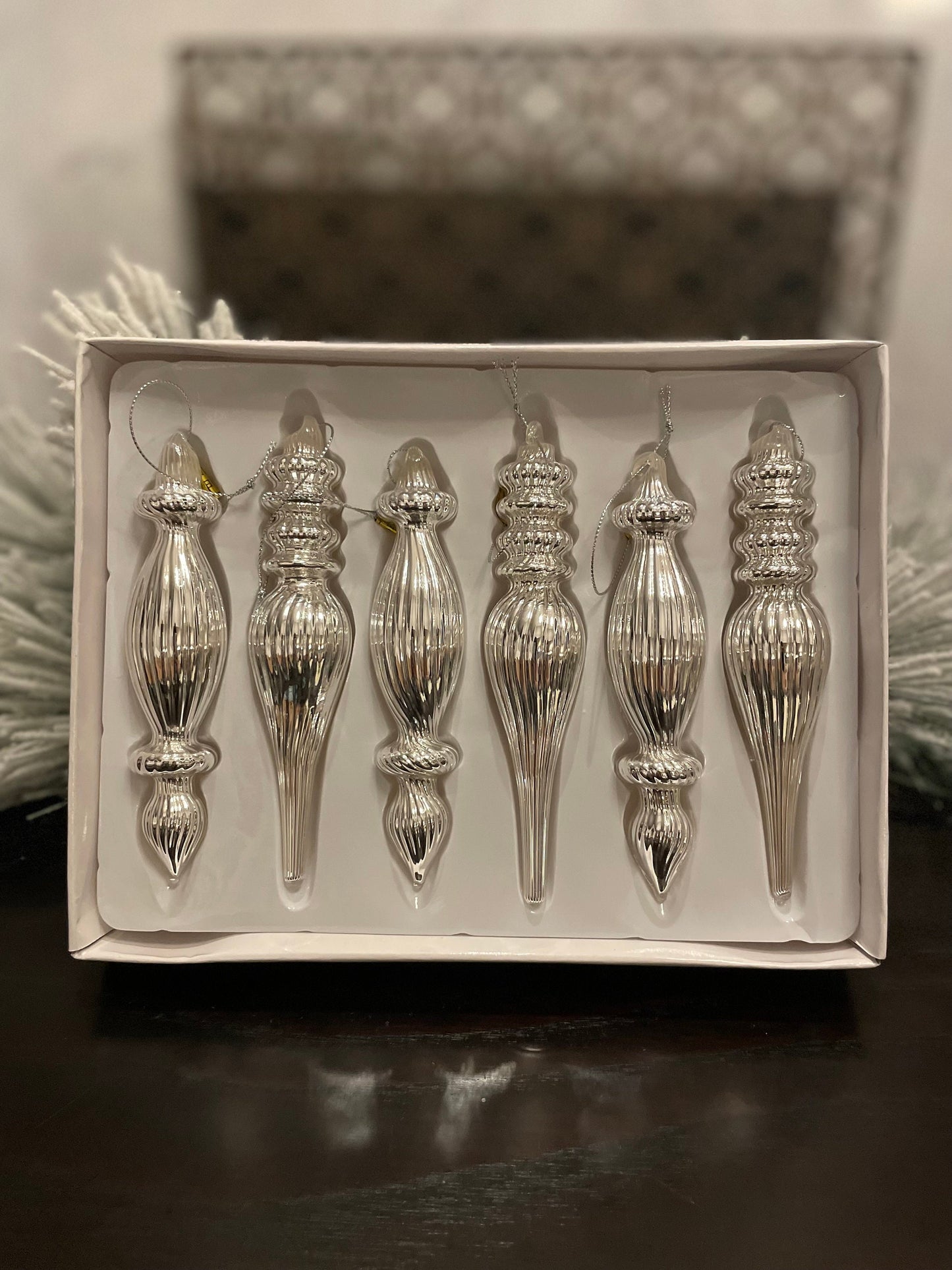 6.5” Box of silver finial ornaments. Glass. Set of 6.