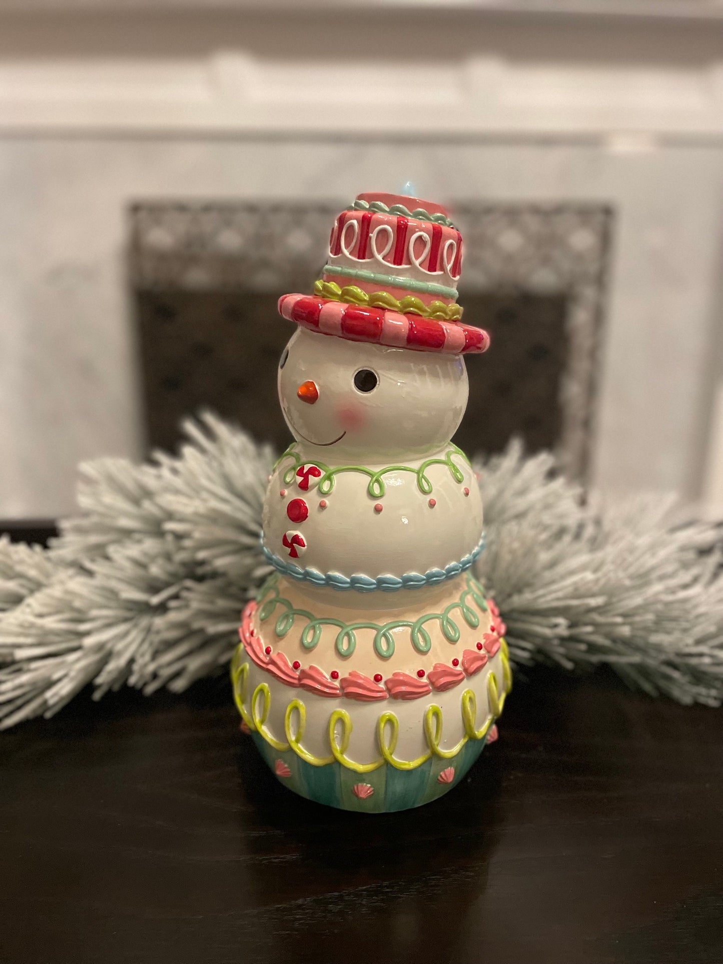 14” Snowman pastel candy, resin. Tabletop.