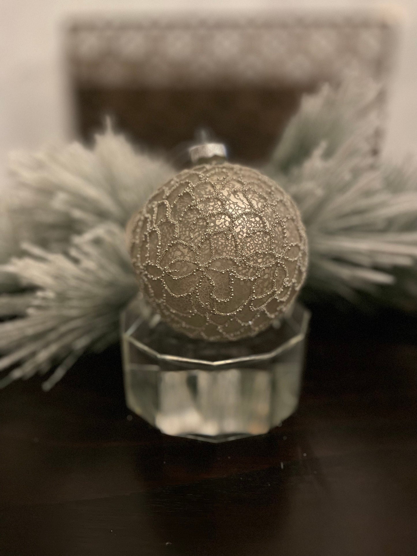 Set of 2. 4" Glass mercury crystal ball ornament. Platinum.