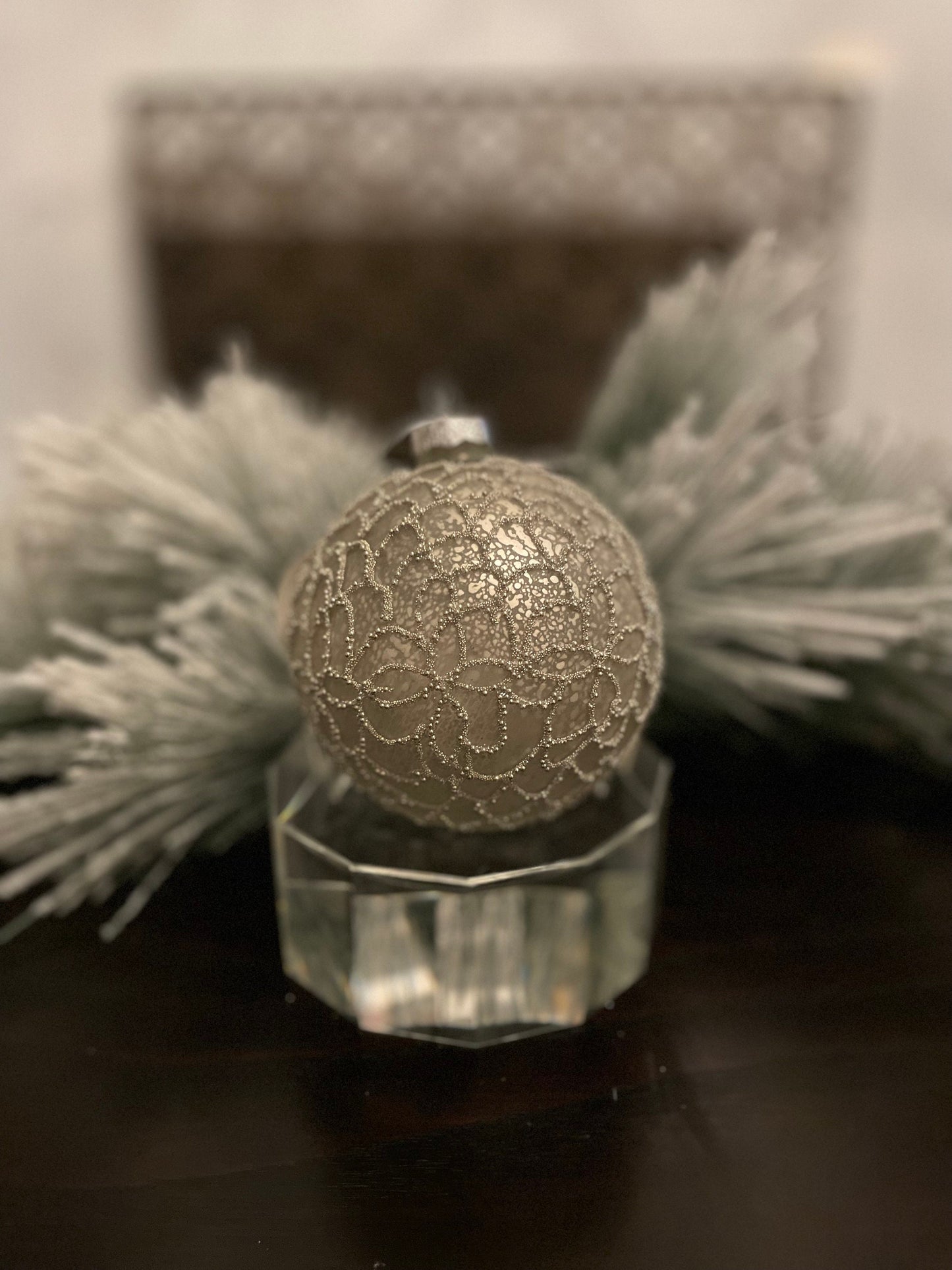 Set of 2. 4" Glass mercury crystal ball ornament. Platinum.